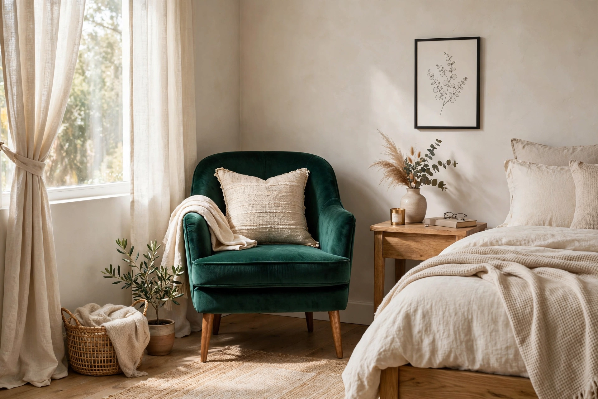 Emerald velvet accent chair adding luxury to a neutral bedroom corner