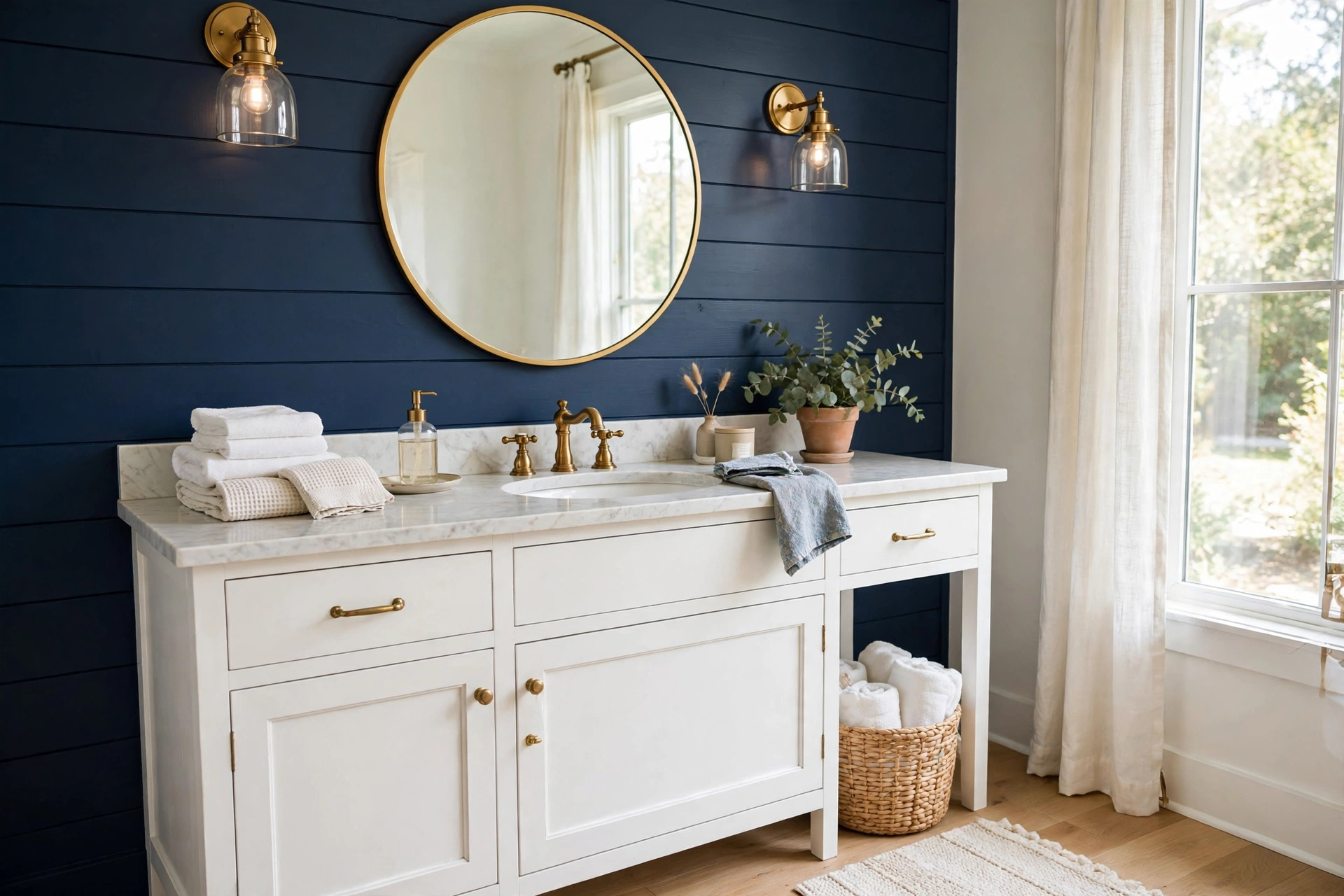 Navy blue painted shiplap bathroom wall with brass hardware and white vanity