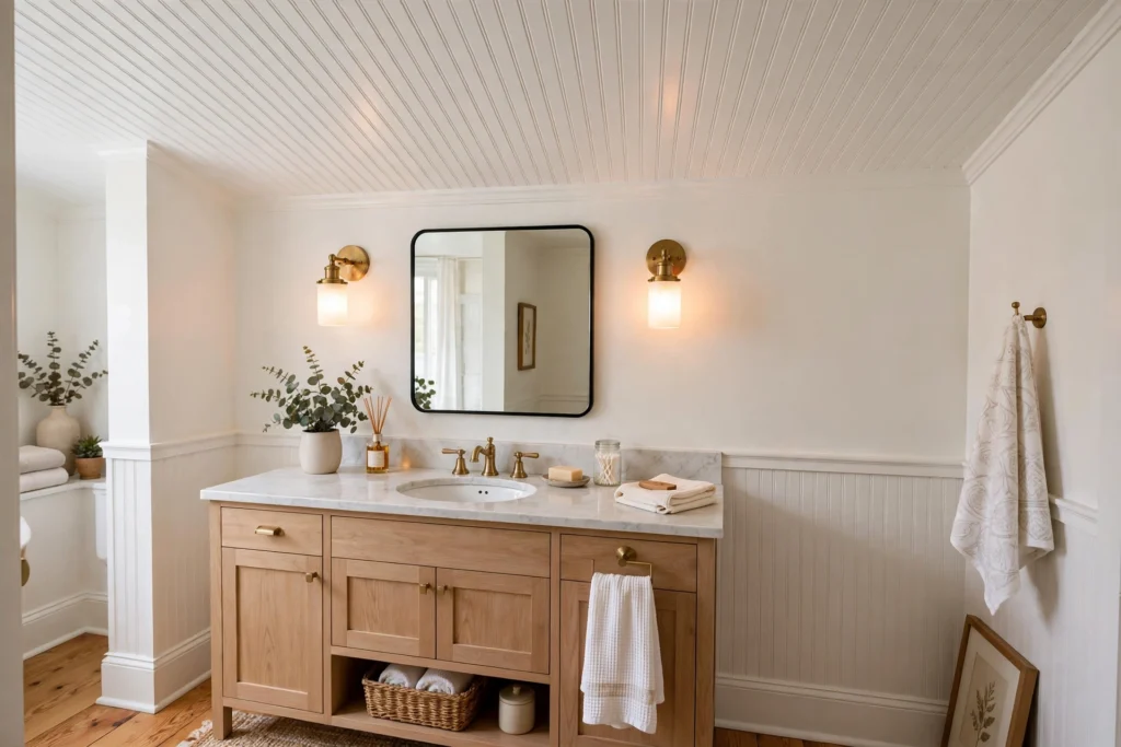 White beadboard ceiling in a cozy bathroom with vanity sconce lighting