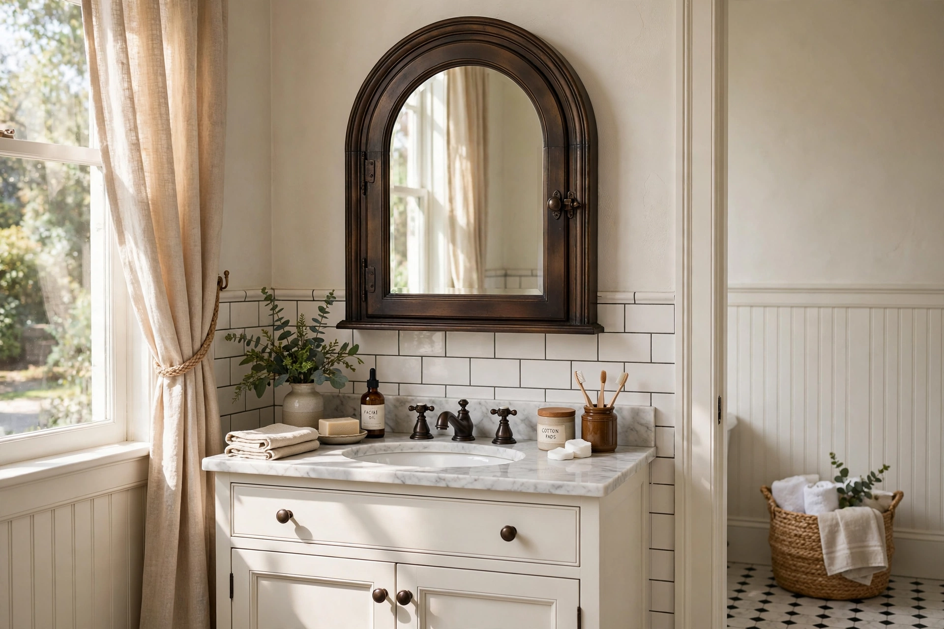 Arched-top medicine cabinet with oil-rubbed bronze fixtures in a classic bathroom