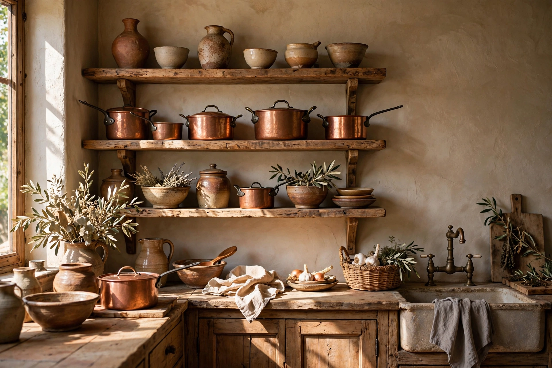 Open wooden shelves with pottery and copper pots in a rustic kitchen