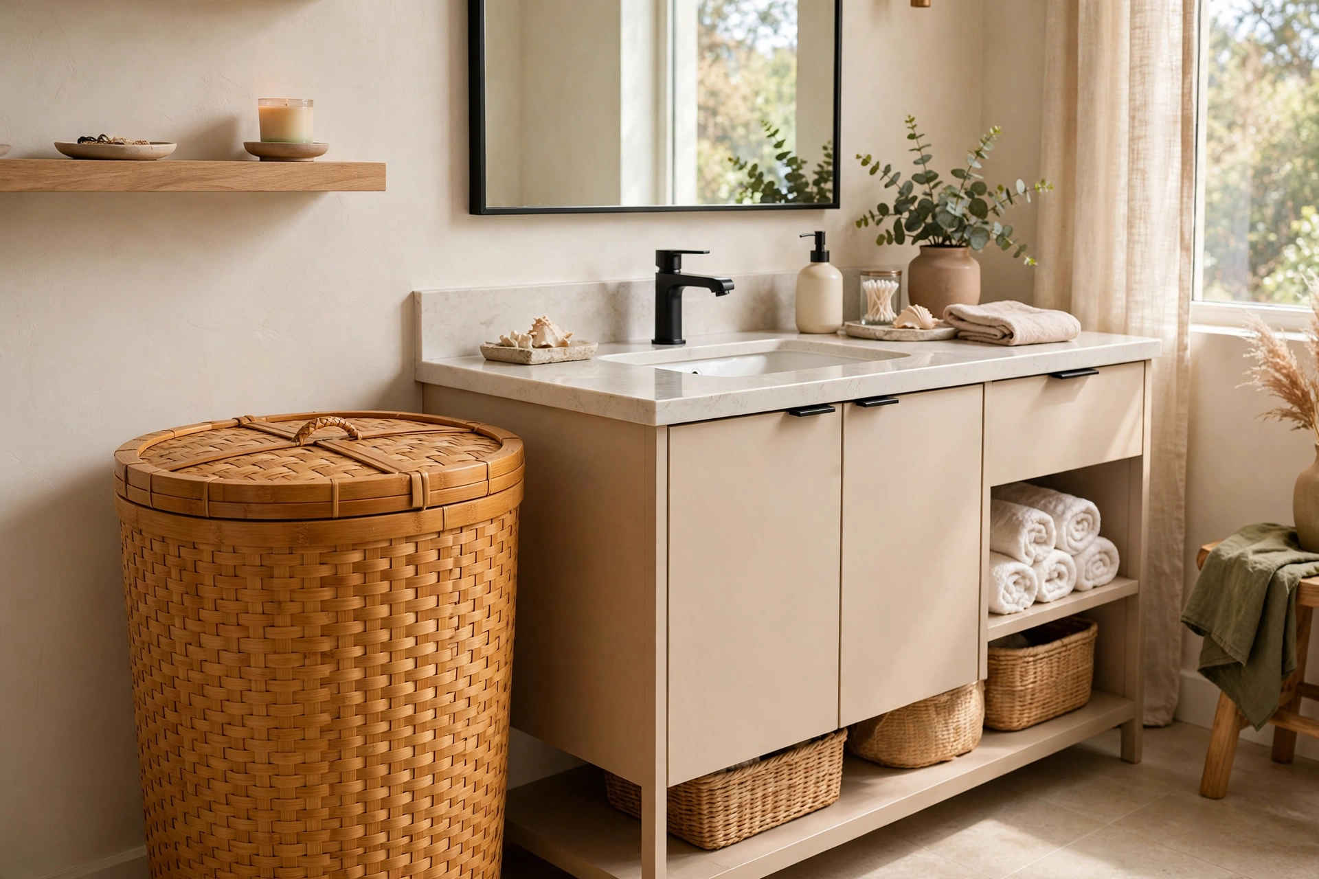 Lidded bamboo hamper in warm honey finish next to a modern bathroom vanity
