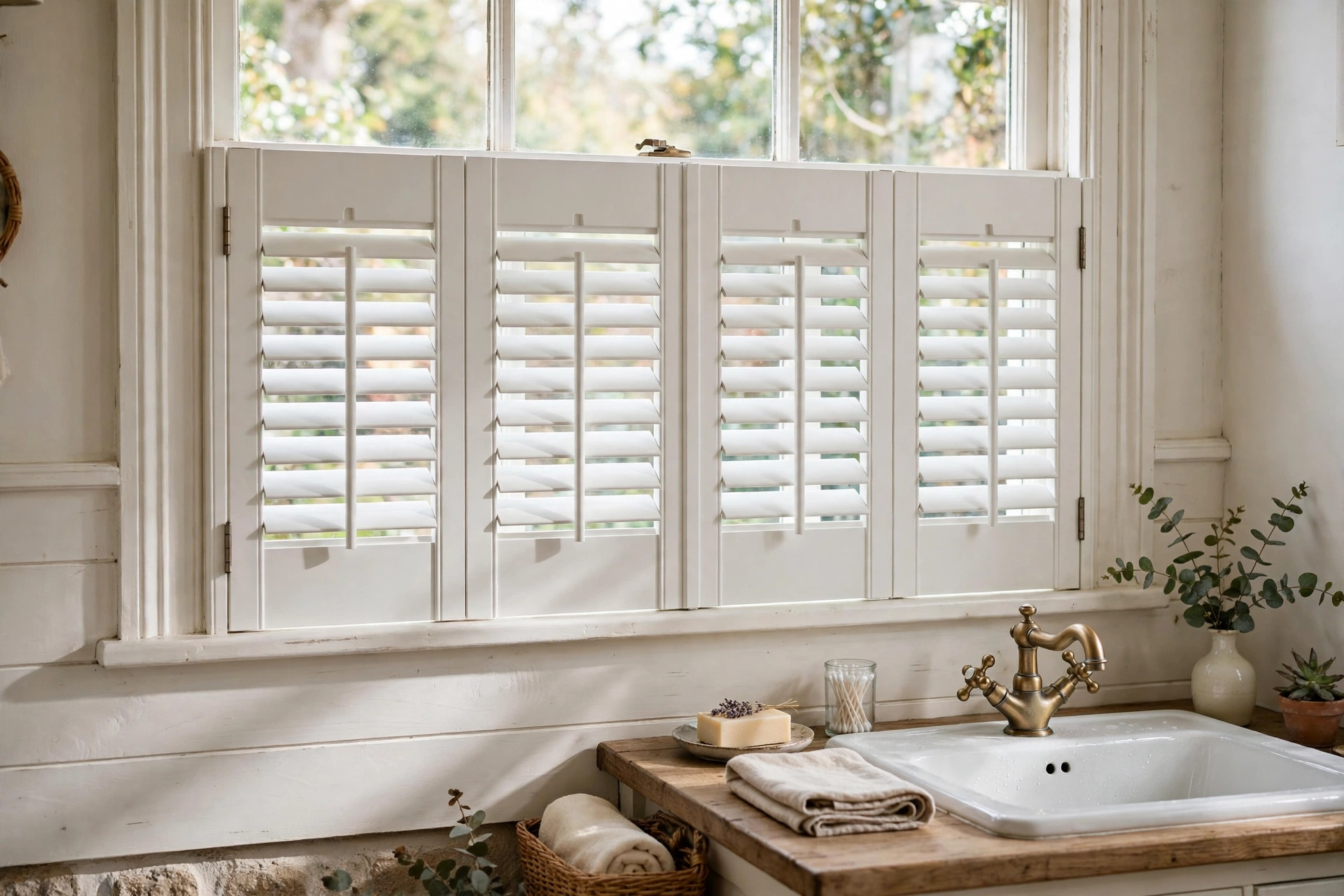 White cafe shutters covering the lower half of a cottage bathroom window