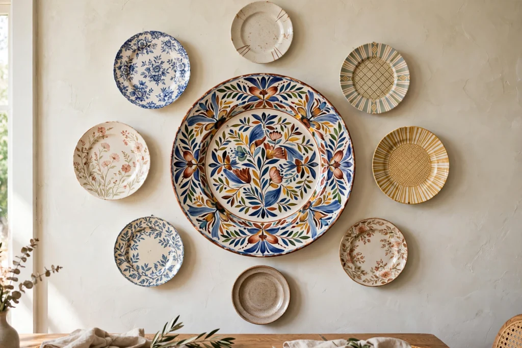 Large hand-painted statement platter centered among smaller plates on a dining wall