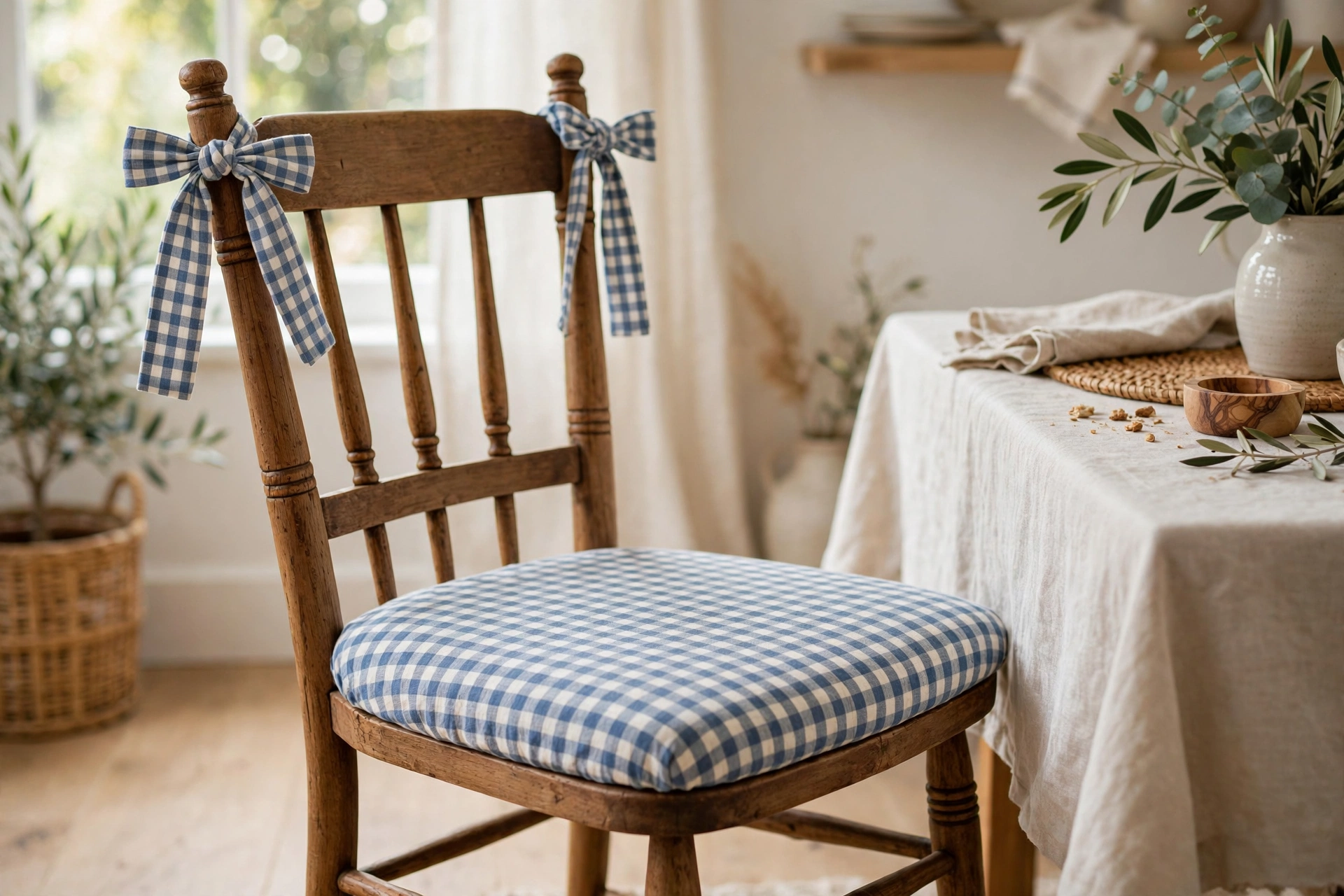 Gingham chair seat cover with fabric ties knotted in bows at the back posts