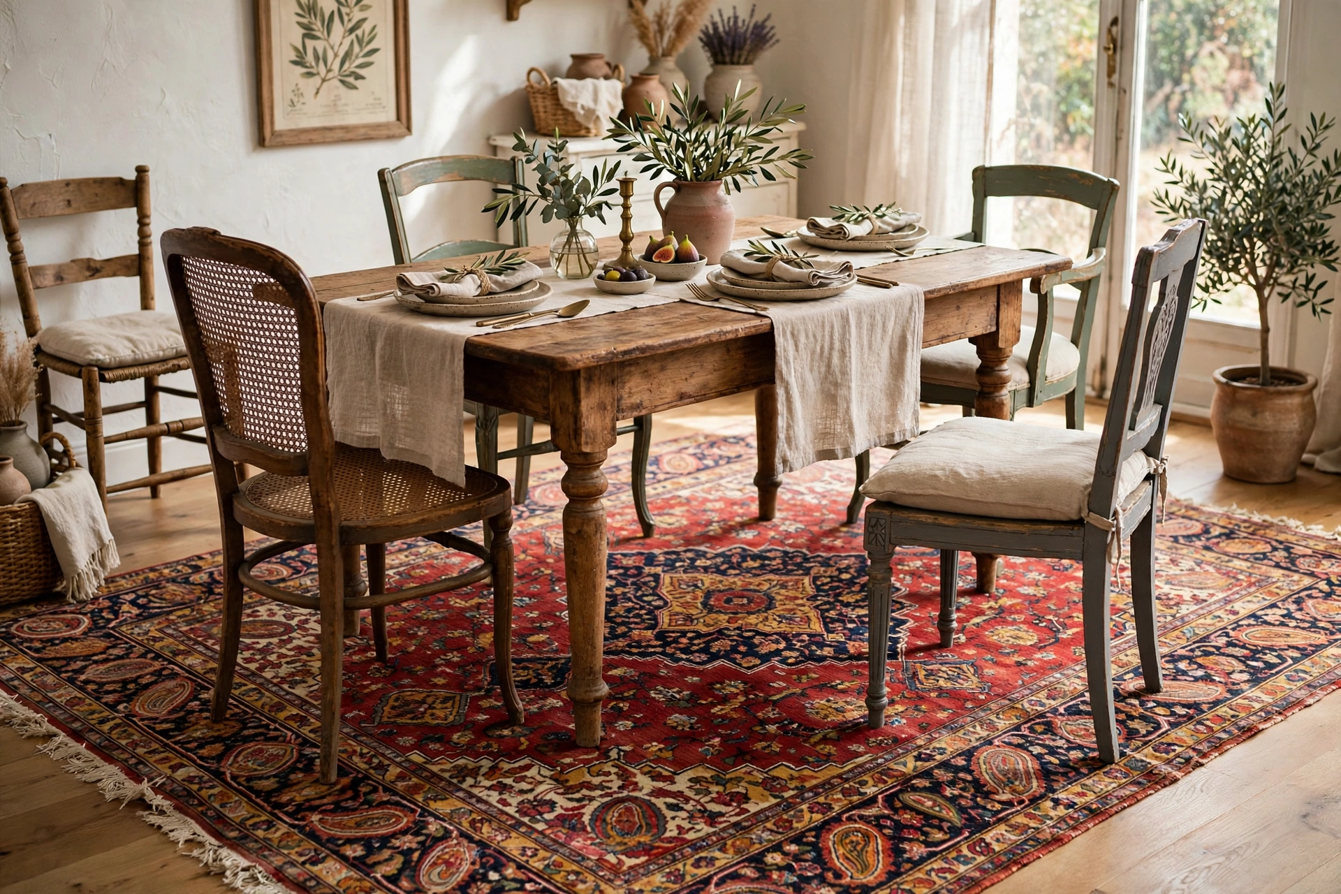 Traditional Persian rug layered under a vintage dining table and chairs