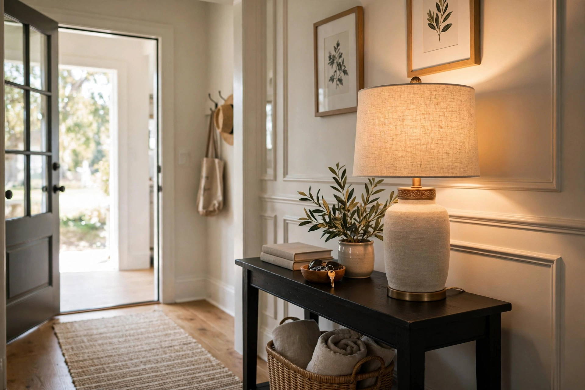 Linen drum shade table lamp casting soft warm light in a hallway entry