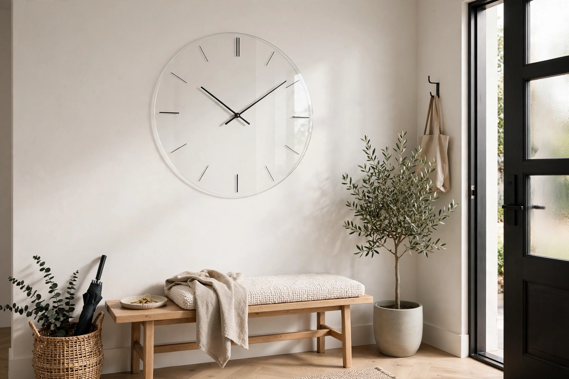 Minimalist frameless wall clock with simple markers in a contemporary entryway