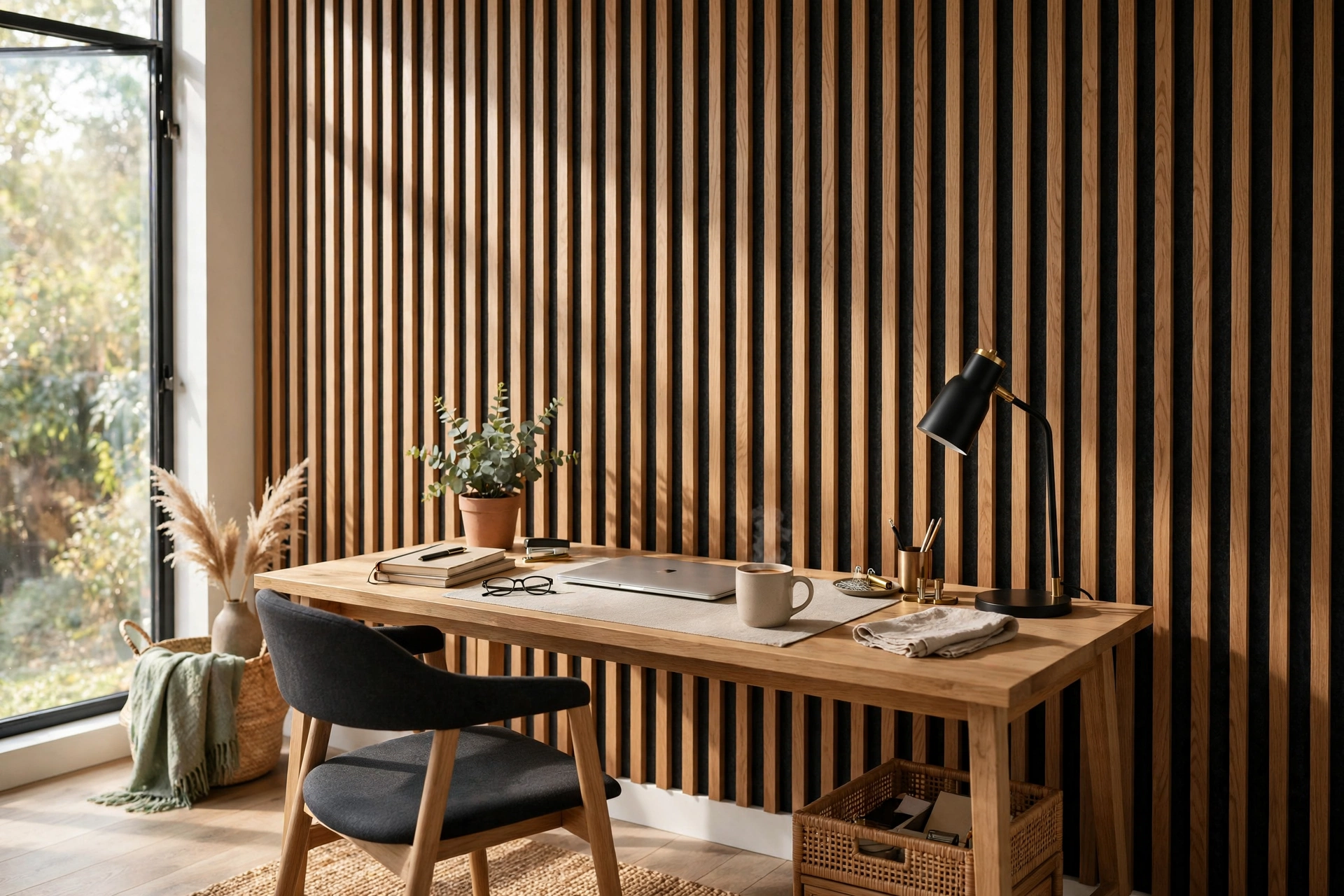 Vertical wood slat acoustic panels with dark felt backing behind a desk