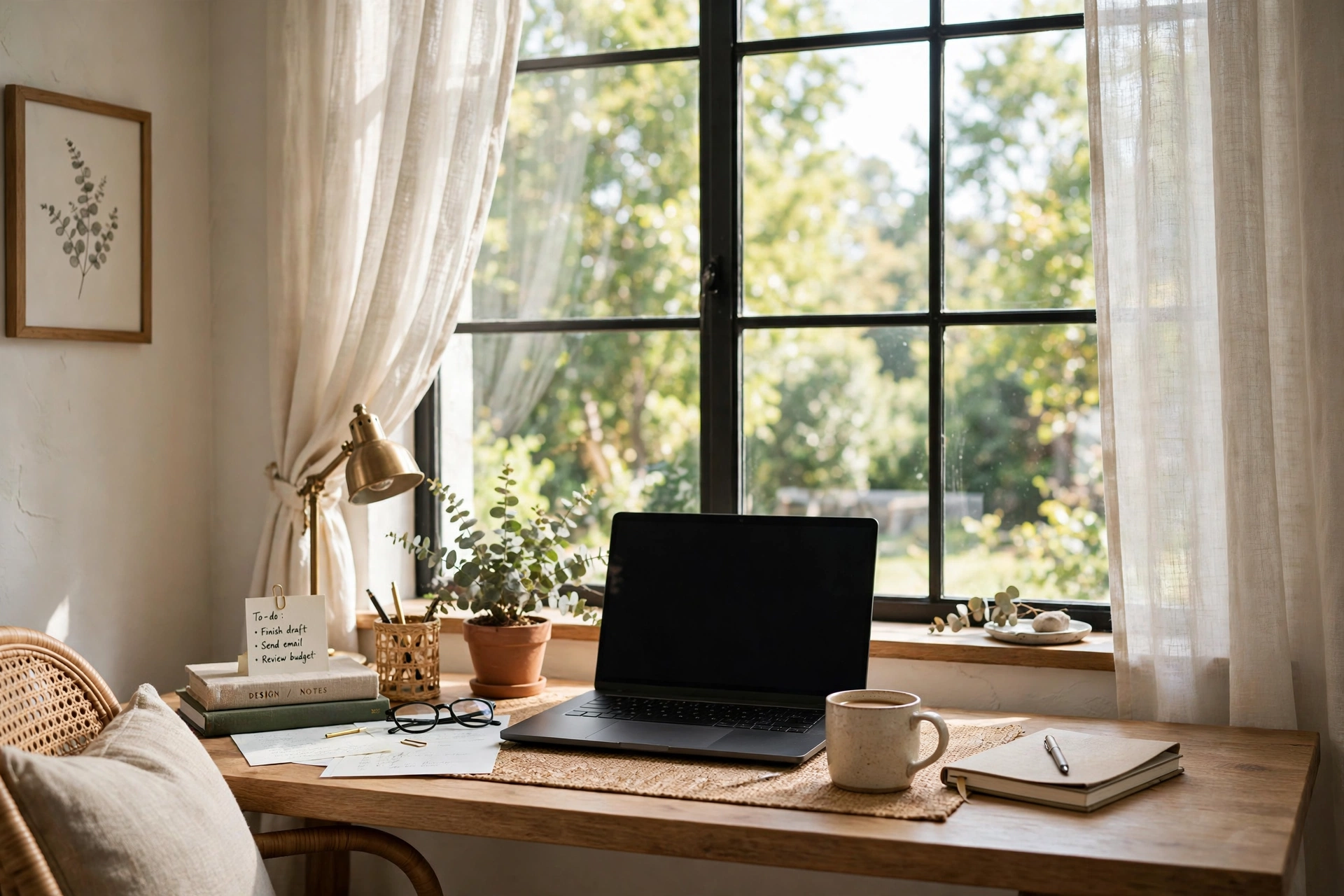 Home office desk positioned facing a bright window for natural light