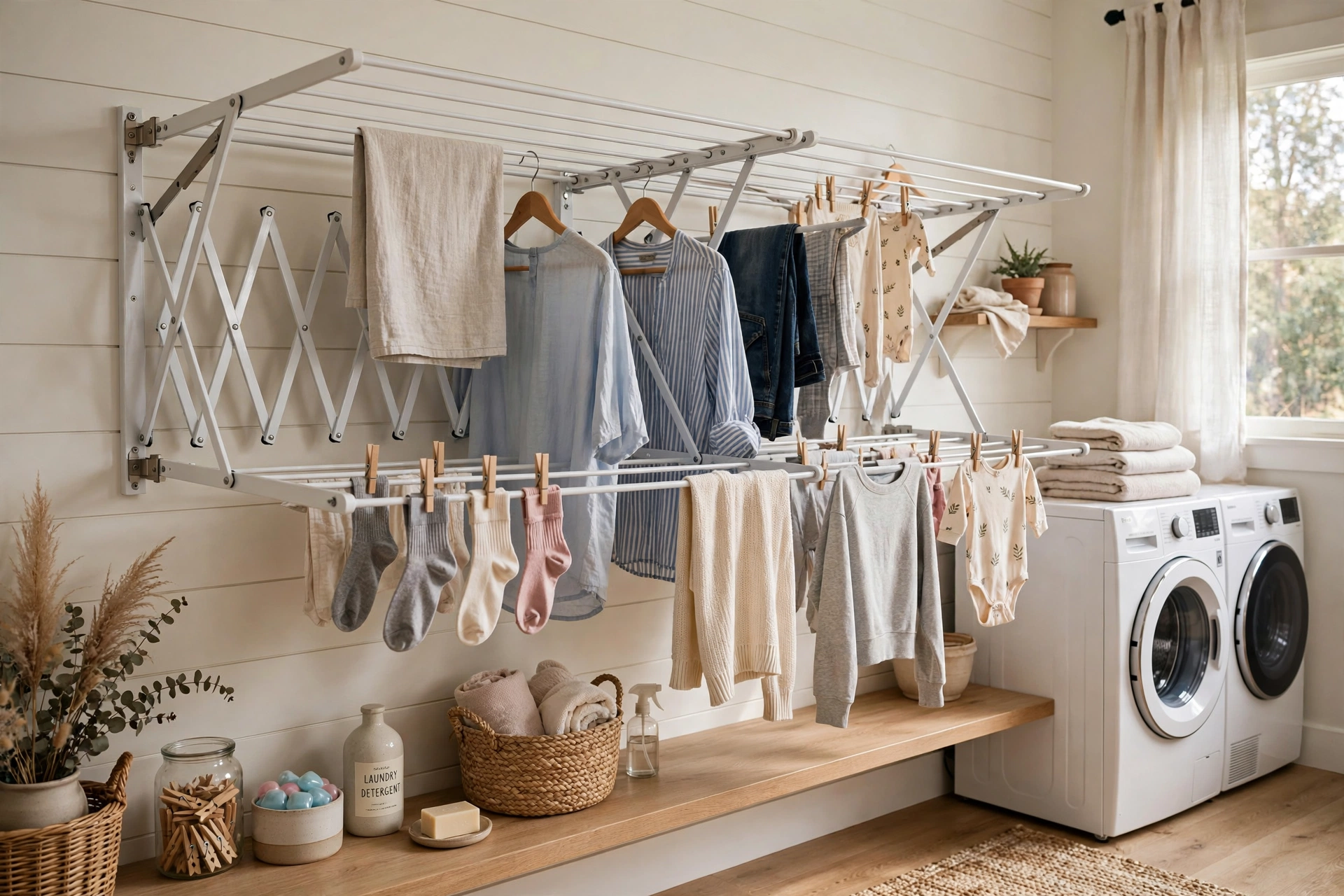 Expanded accordion wall drying rack loaded with clothes