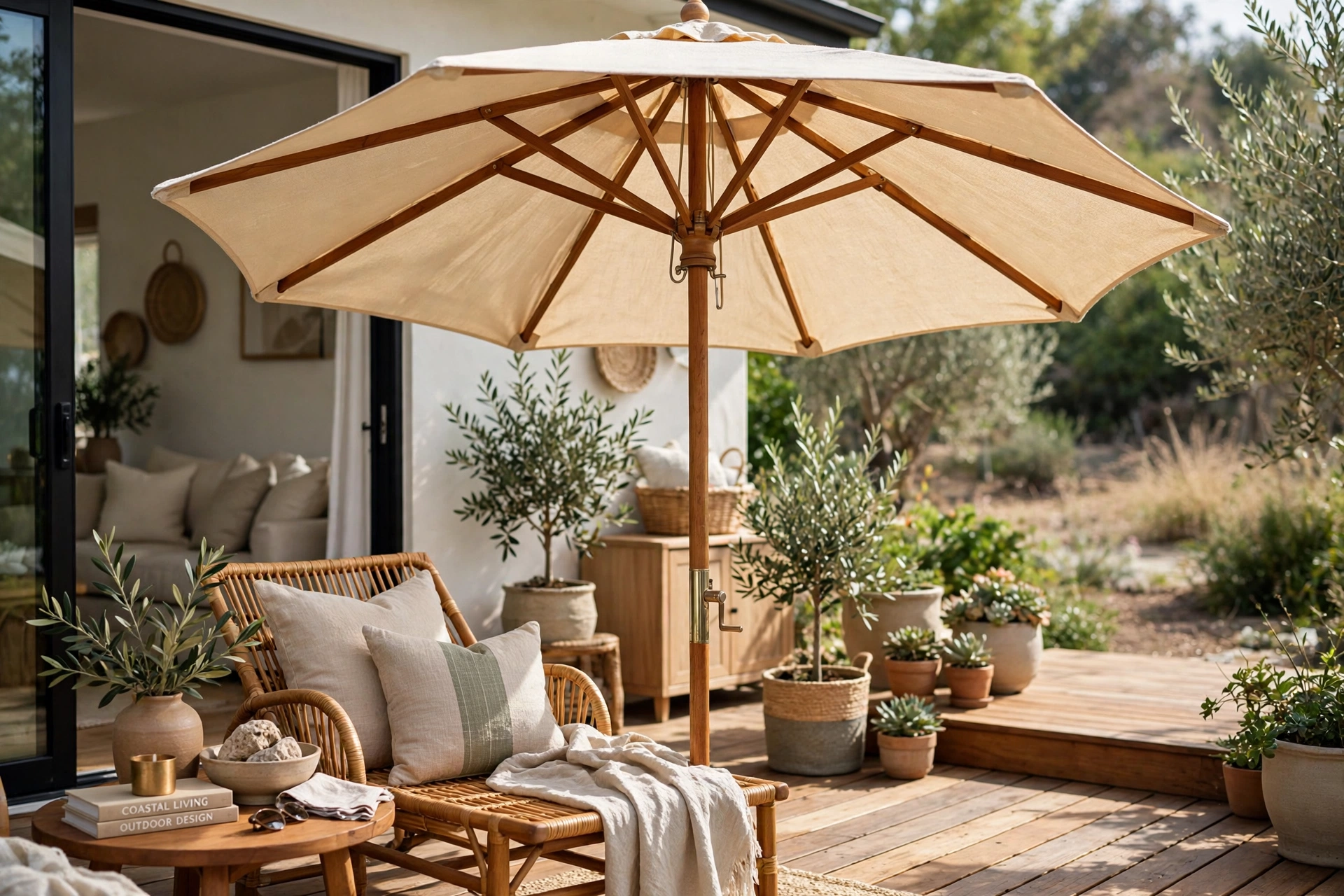 Teak wood market umbrella with natural canvas canopy on a deck