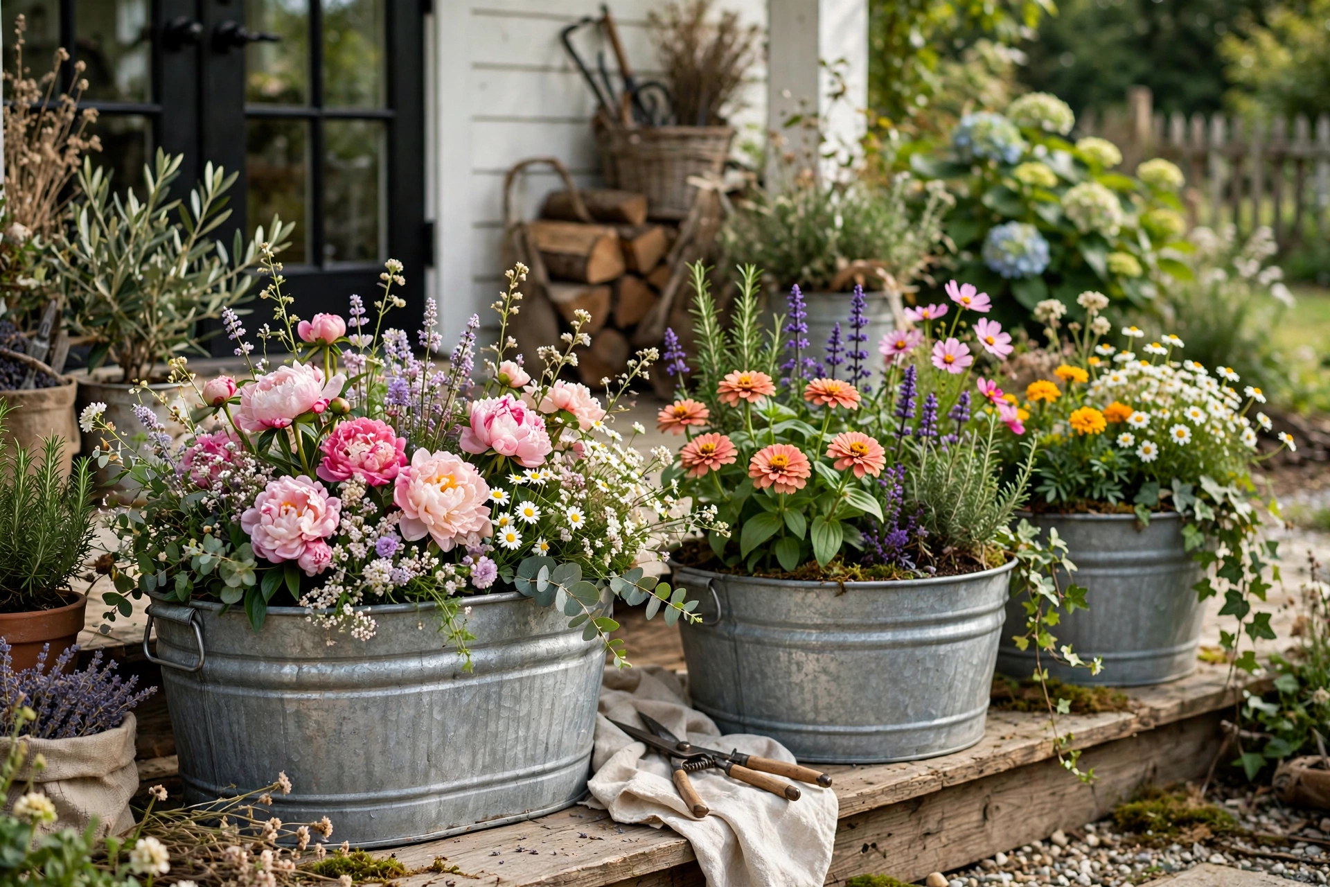 Galvanized metal tub planters with flowers in a farmhouse garden