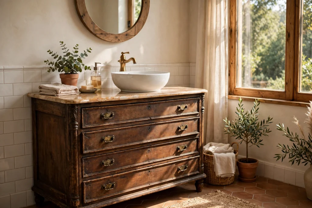 Repurposed antique dresser as a bathroom vanity with vessel sink