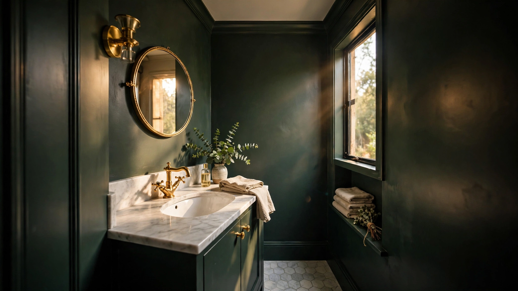 Moody dark green walls with gold accents in a small powder room