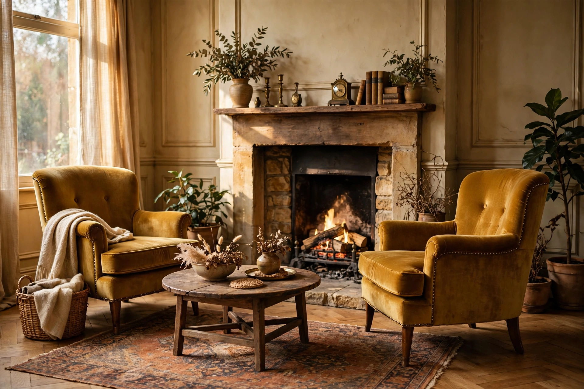 Mustard velvet armchairs around a fireplace in a vintage living room