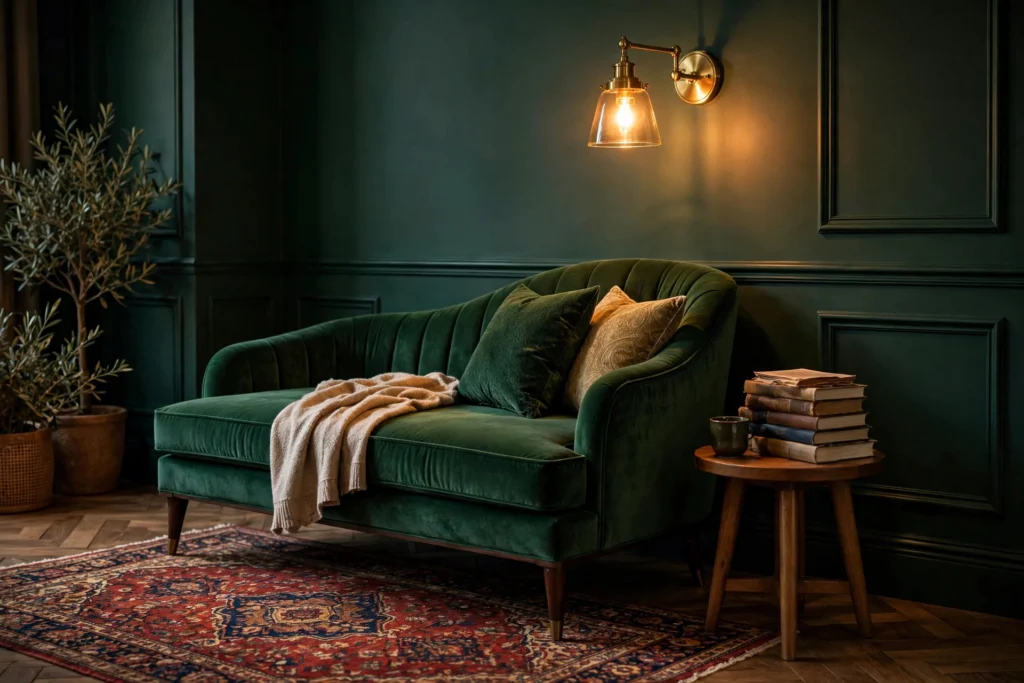 Velvet chaise lounge reading nook against a deep green wall with brass sconce