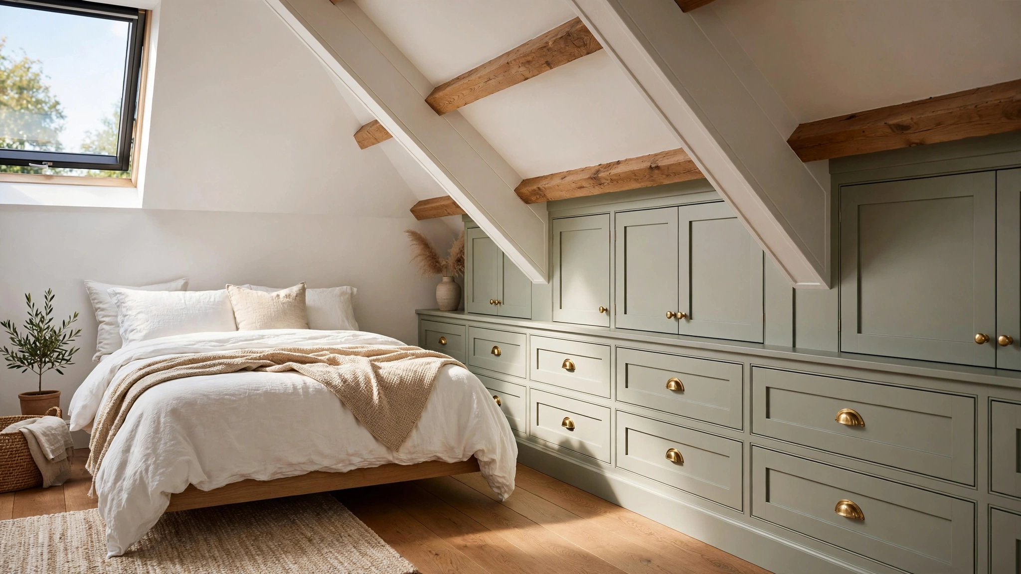 Attic bedroom design with custom drawers built into the low eaves under the sloped ceiling