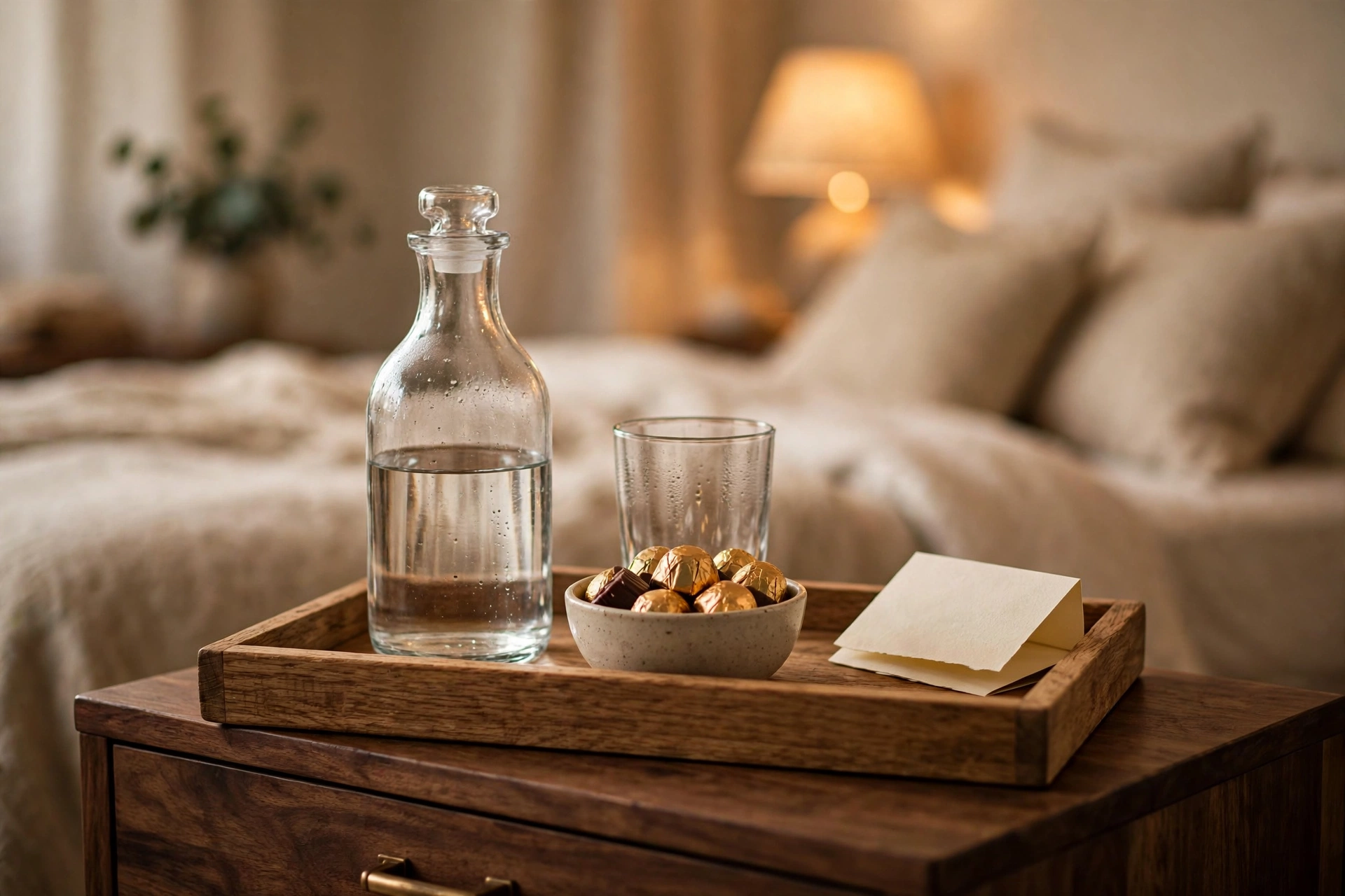 Guest bedroom design ideas with a welcome tray of water, snacks and a handwritten note