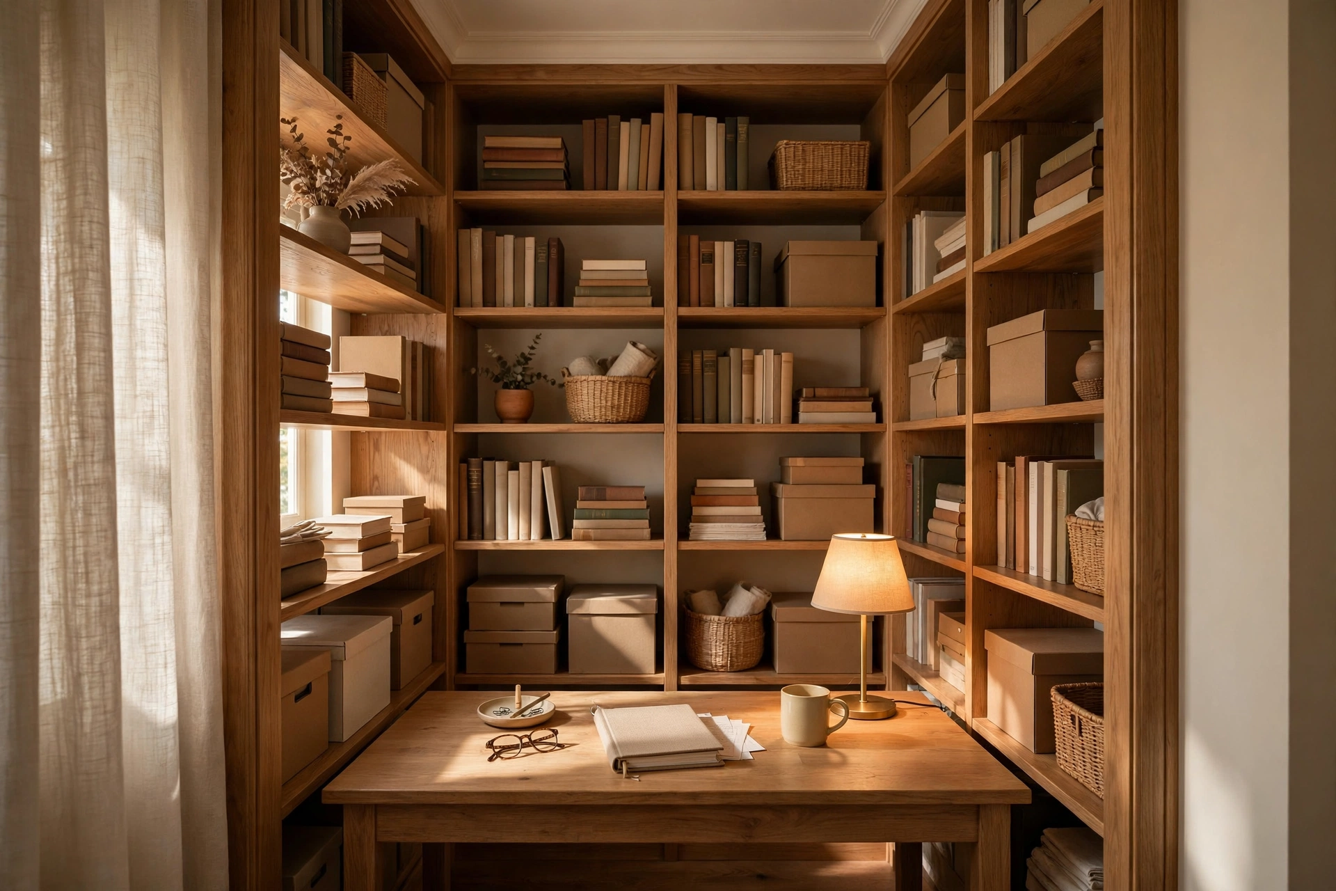 Tall shelves rising to the ceiling above a desk in a compact closet office