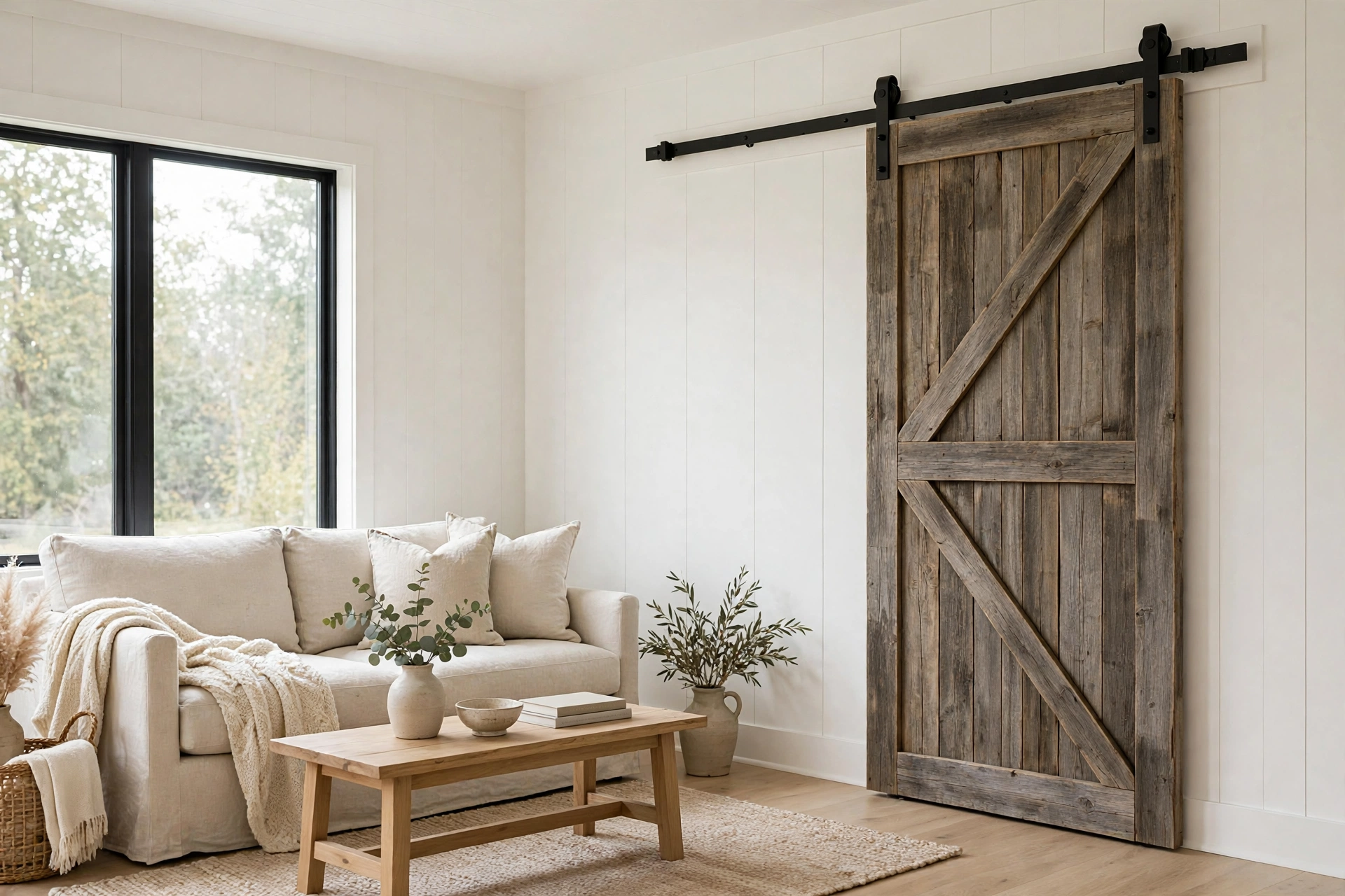 Sliding reclaimed wood barn door with X-brace design on black metal track