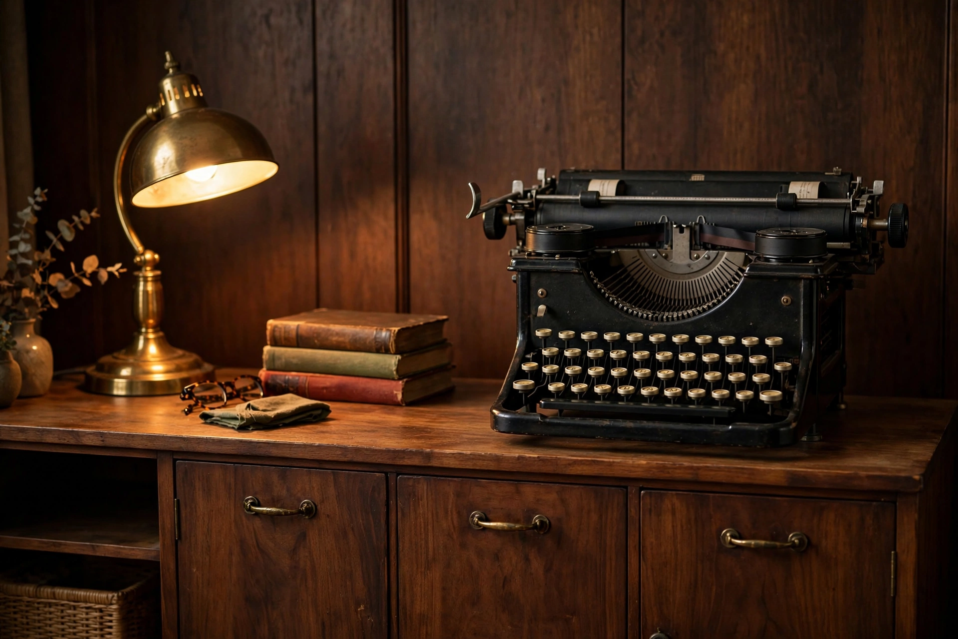 Vintage black typewriter styled on a wooden credenza in a retro home office