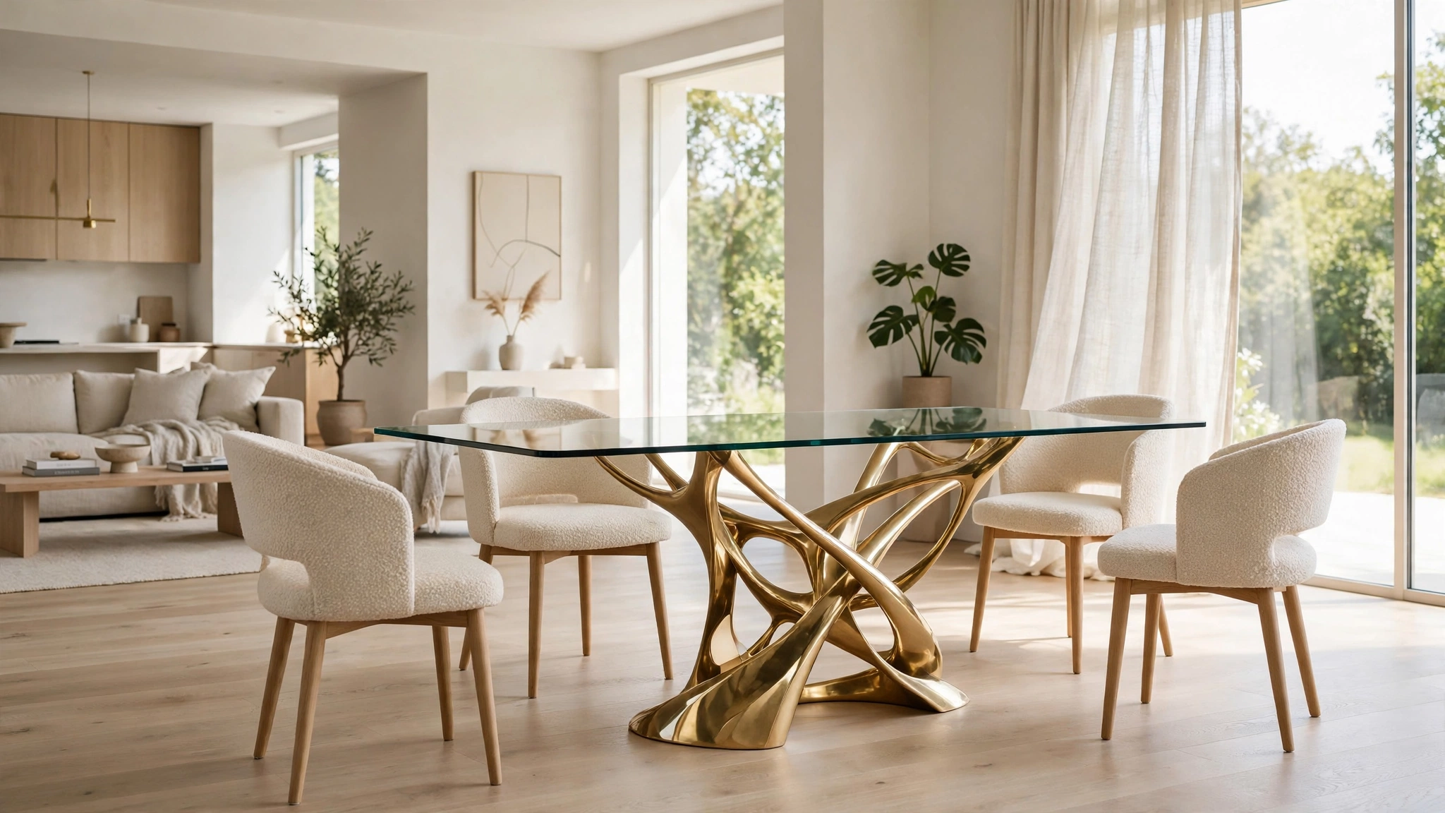 Modern dining room with a glass dining table and sculptural brass base in an open-plan space