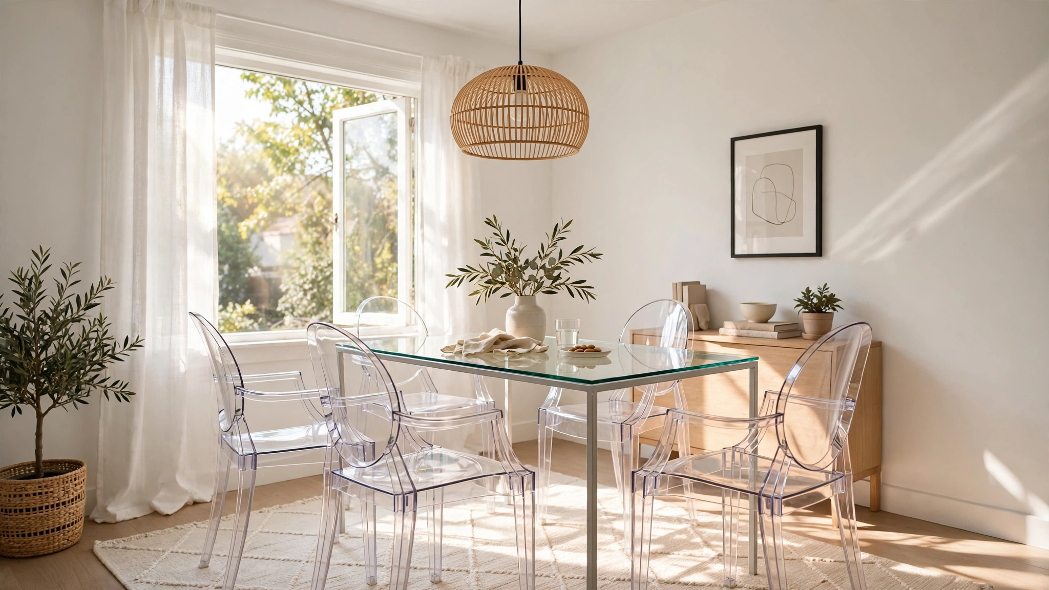 Glass-top dining table with transparent chairs in a bright small dining room