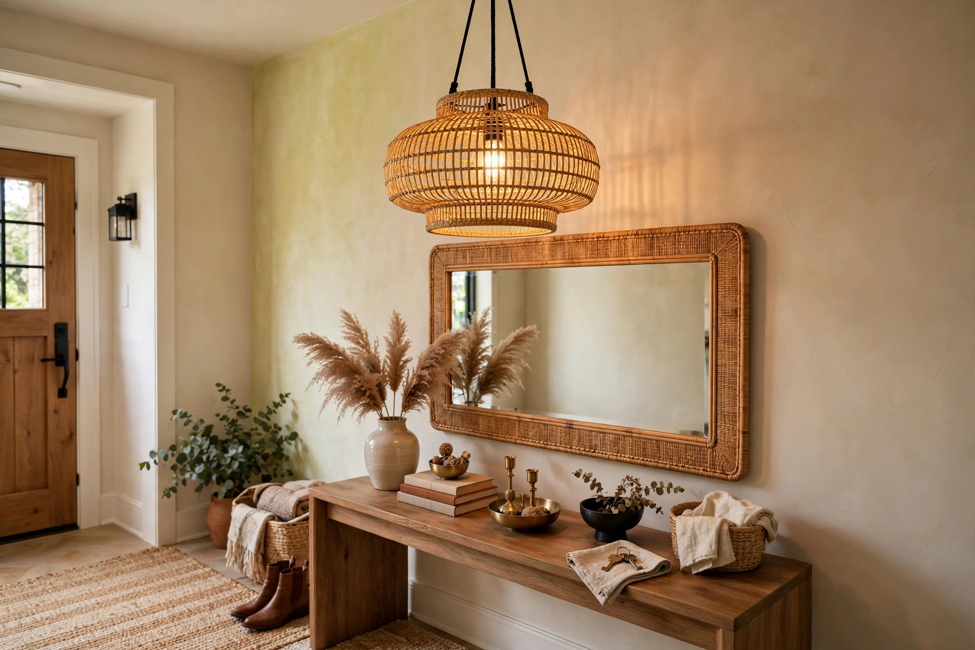 Woven rattan pendant light hanging over a styled entryway with warm glowing light