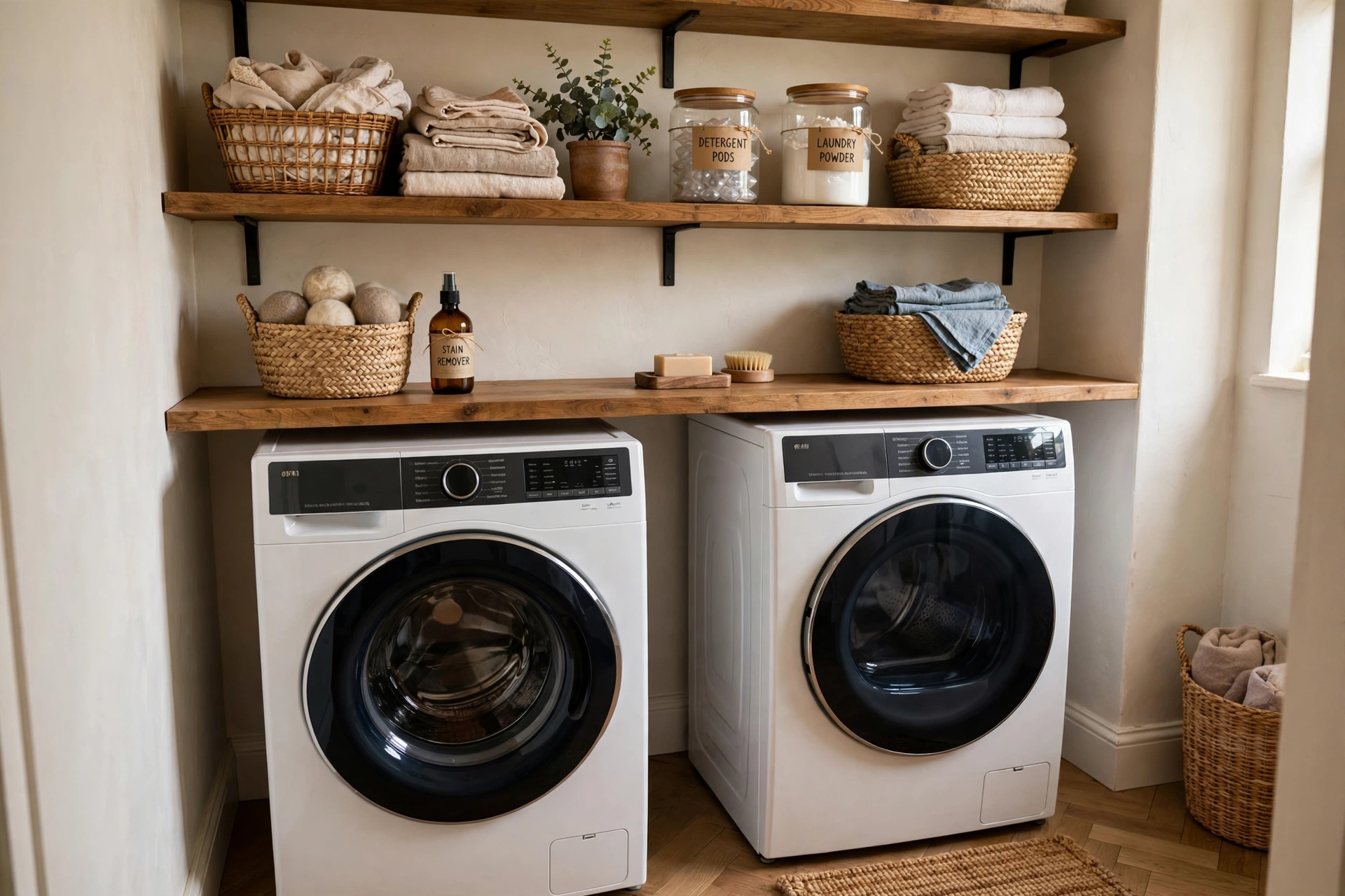 Open wood shelves with woven baskets and glass storage jars above machines in a small laundry room