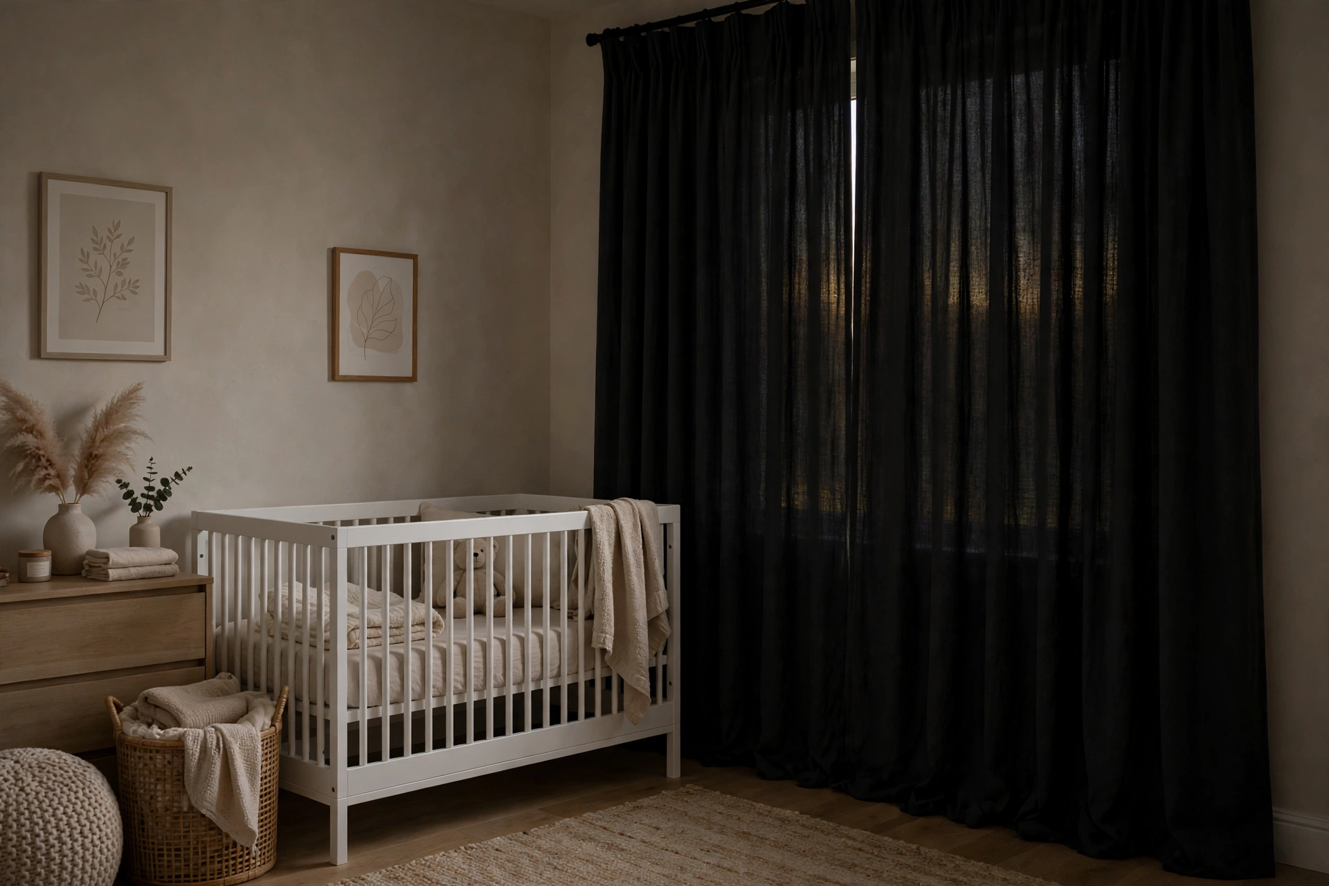 Nursery with floor-length blackout curtains drawn over a large window beside the crib