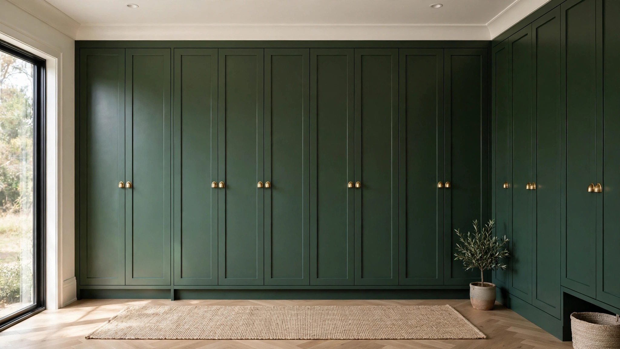 Mudroom design ideas with floor-to-ceiling closed cabinets hiding clutter behind doors