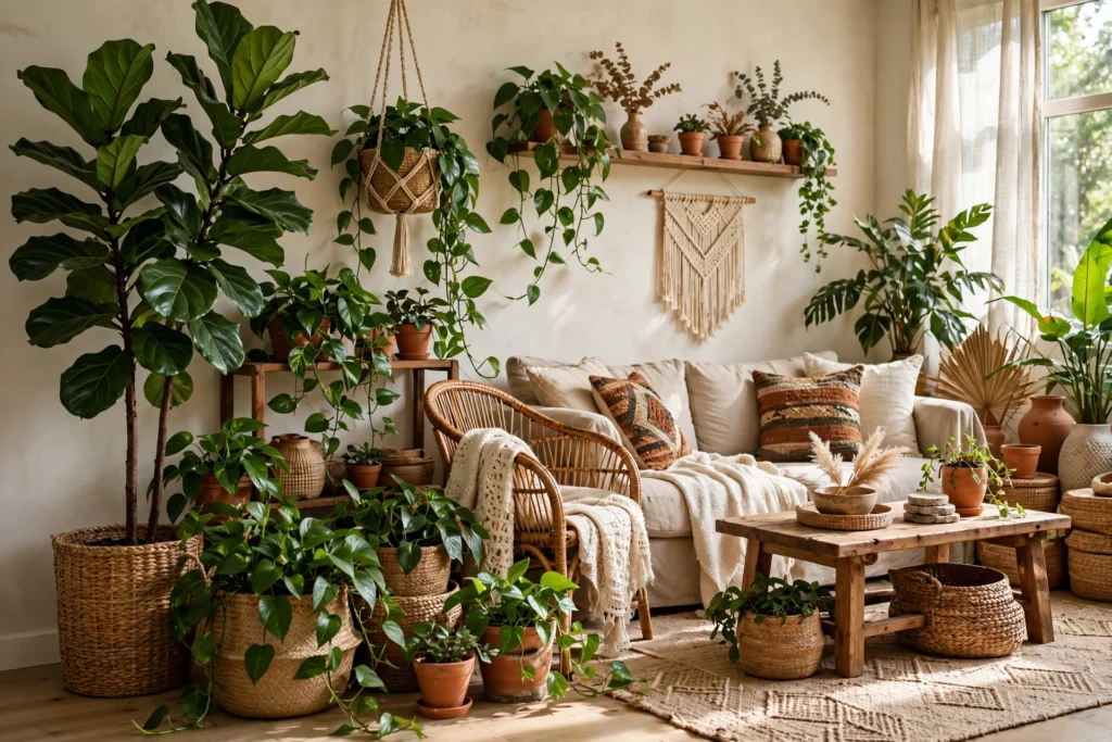 Boho living room design ideas filled with lush houseplants in terracotta and woven pots