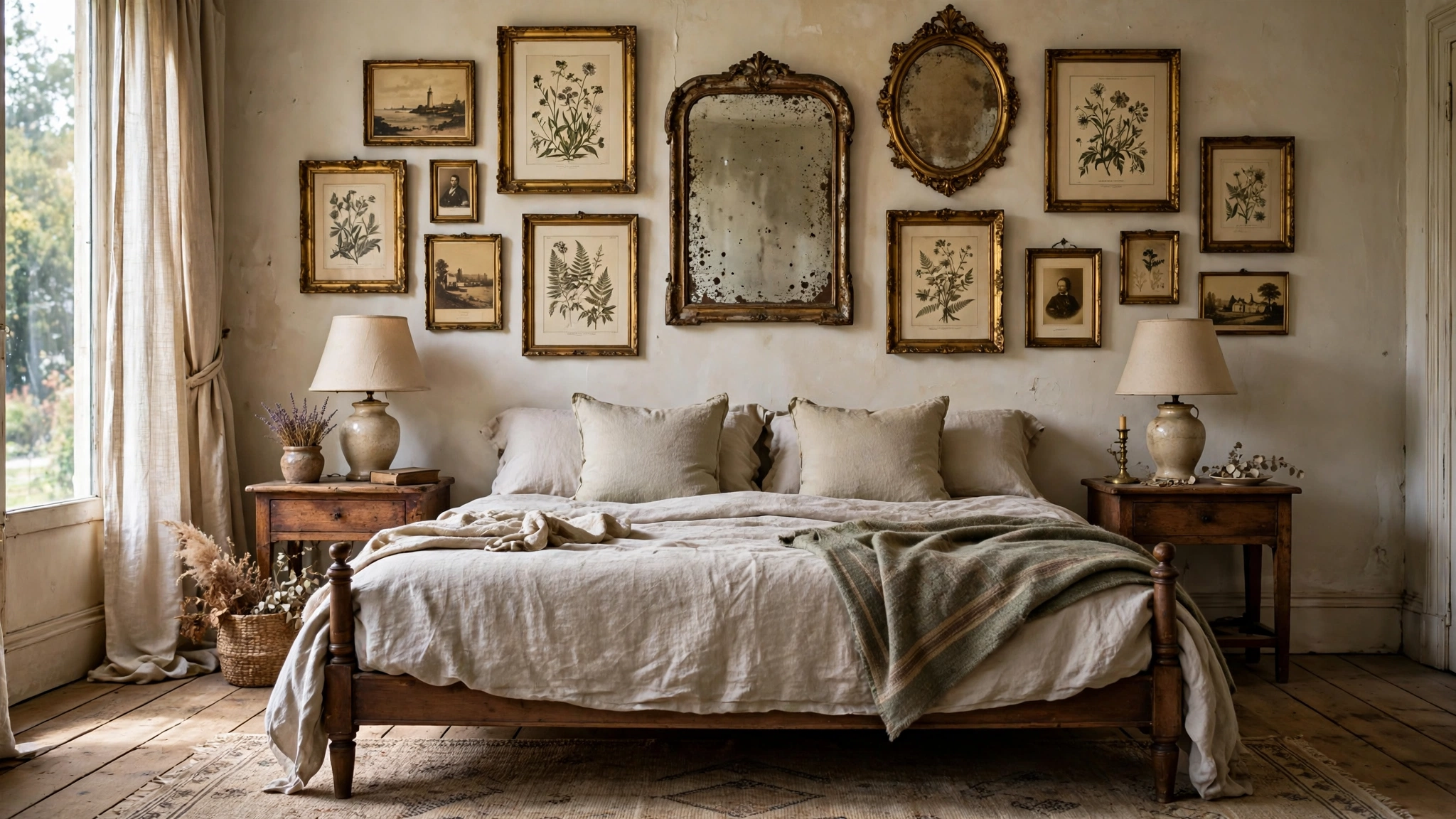 Vintage bedroom design ideas with a salon gallery wall of gilt frames and antique mirror