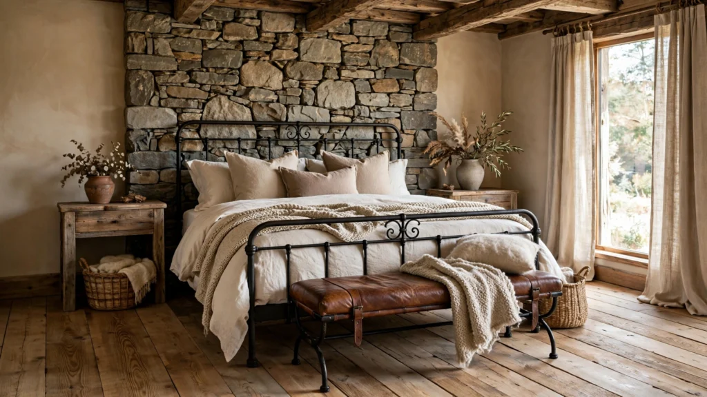 Rustic bedroom design ideas with wood floors, stone accents, leather and iron details