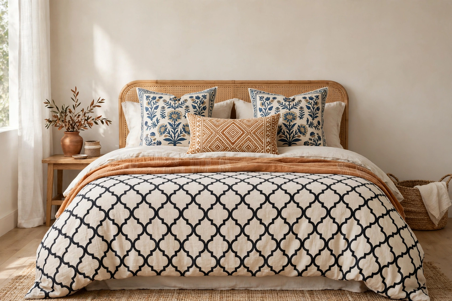 Boho bed mixing Moroccan, block-print and mudcloth patterns in warm tones