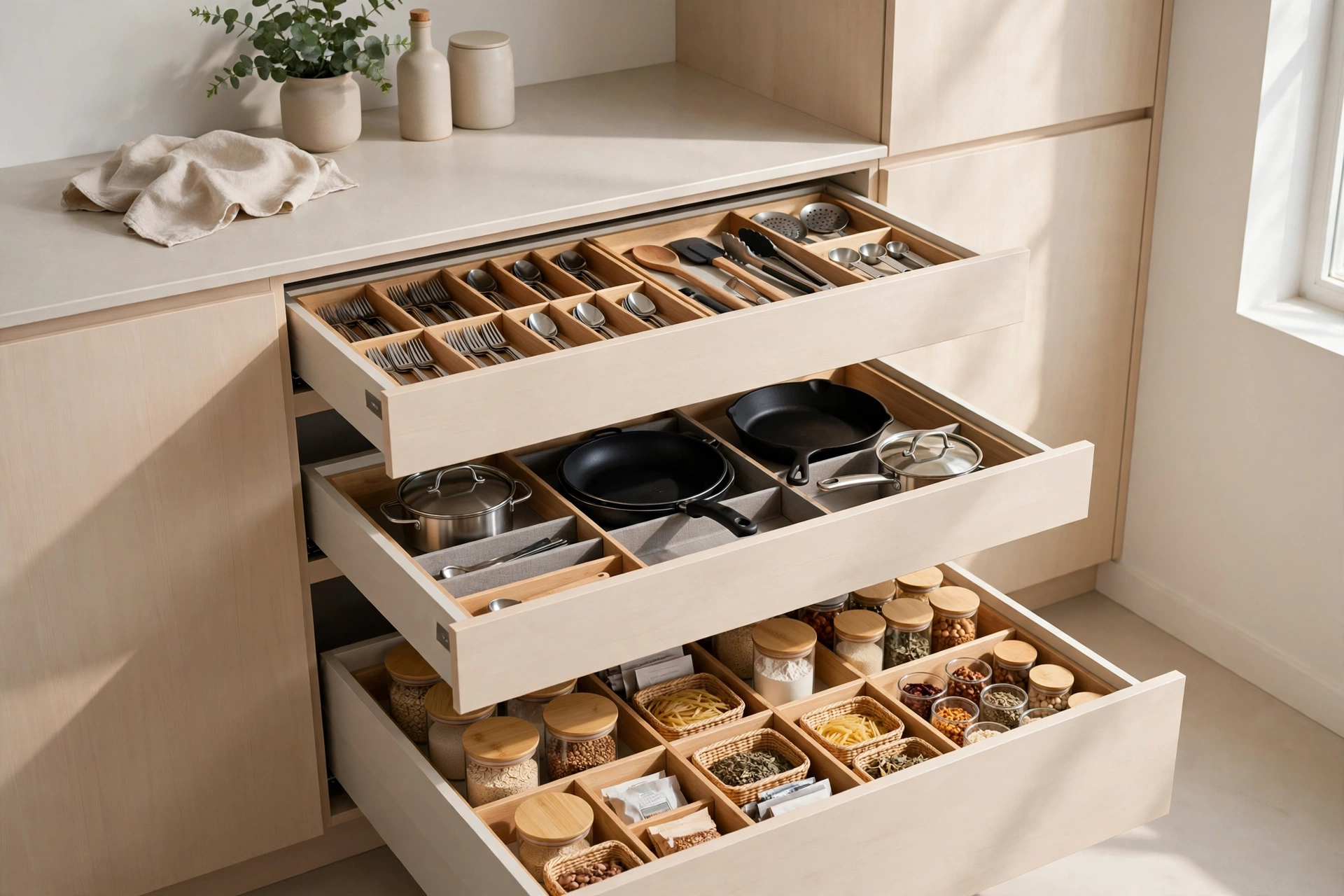 Minimalist kitchen design ideas with deep drawers and smart hidden storage organizers