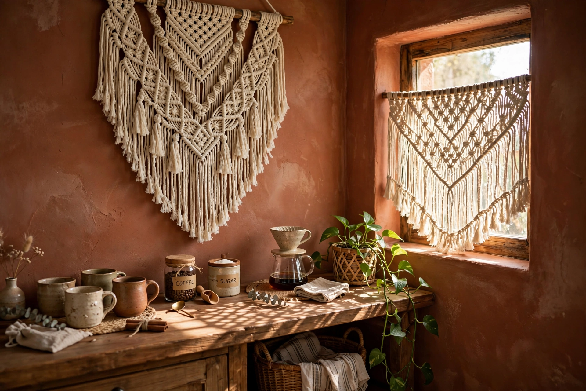 Boho kitchen design ideas with a large macramé wall hanging above a coffee station and fringed café curtains