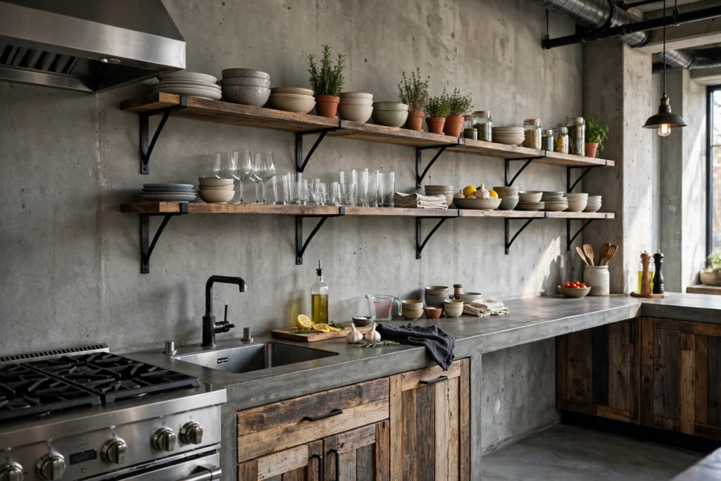 Industrial kitchen design ideas with open steel shelving and reclaimed wood planks instead of upper kitchen cabinets