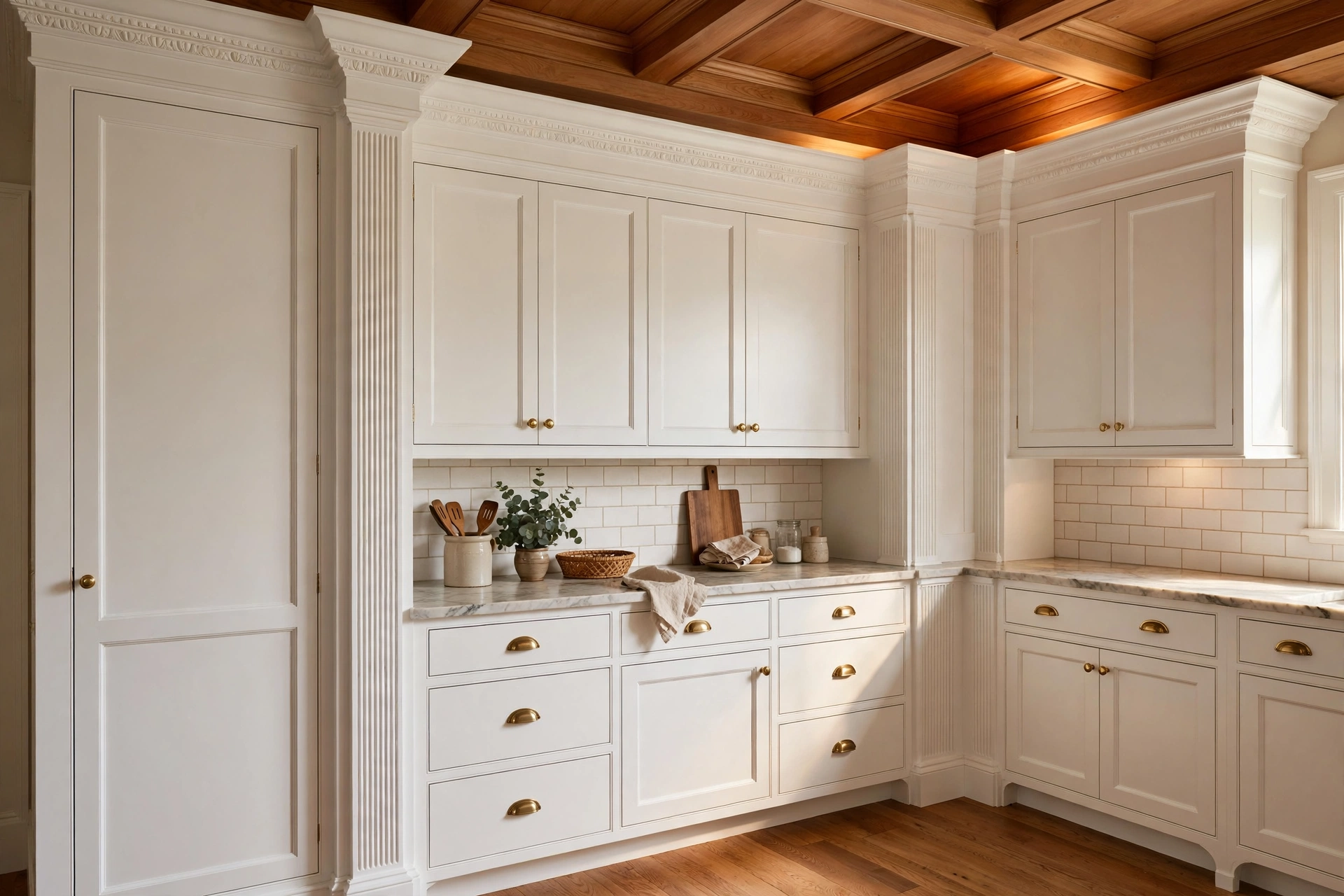 Traditional kitchen design ideas with crown molding, fluted trim and detailed millwork on kitchen cabinetry