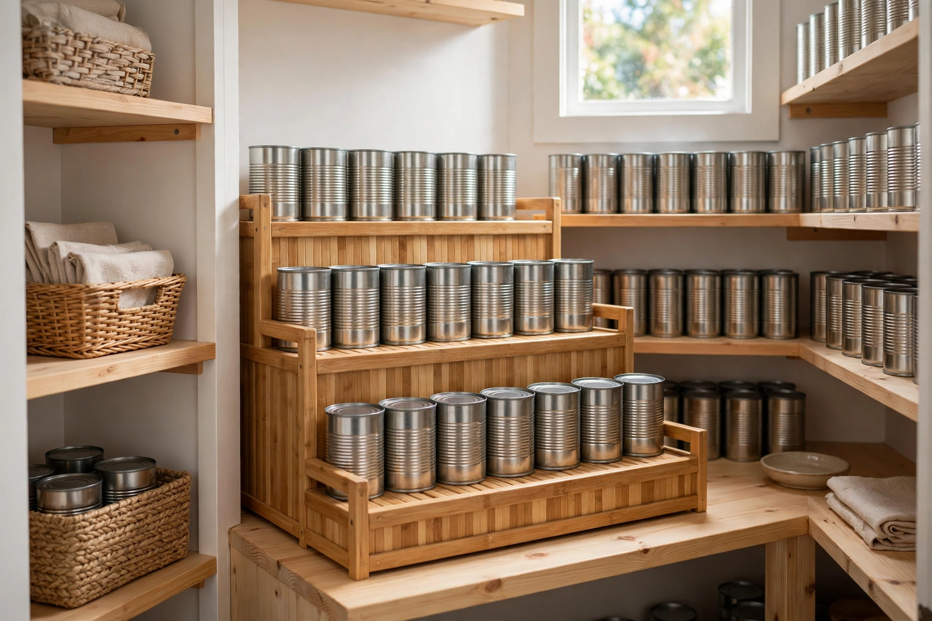 Tiered shelf risers displaying canned goods in visible rows inside a small pantry