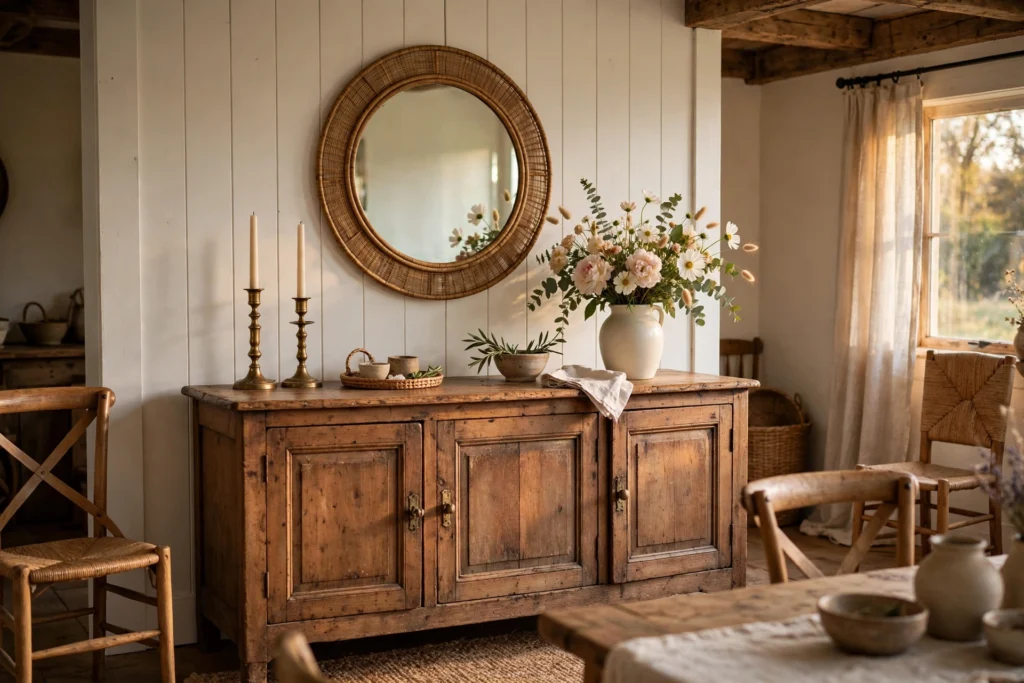 Vintage wood sideboard styled with mirror, candles and flowers in a farmhouse dining room
