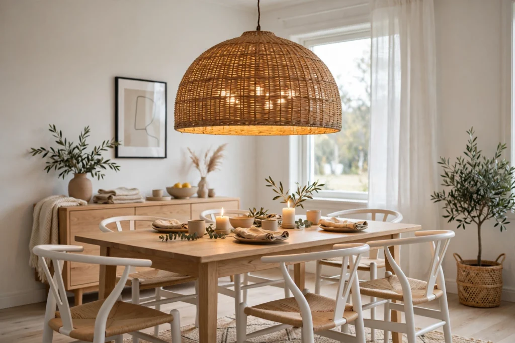 Woven rattan pendant light hanging low over a Scandinavian dining table