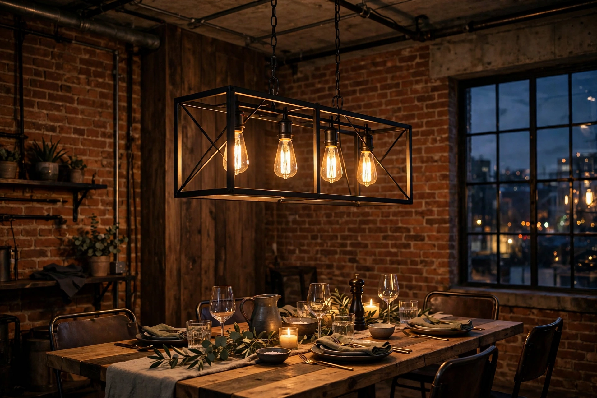 Edison-bulb chandelier with warm amber glow over an industrial dining table