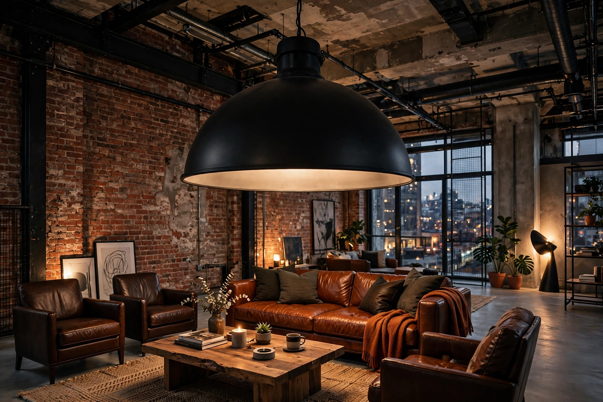 Oversized black dome pendant light over seating in an industrial living room