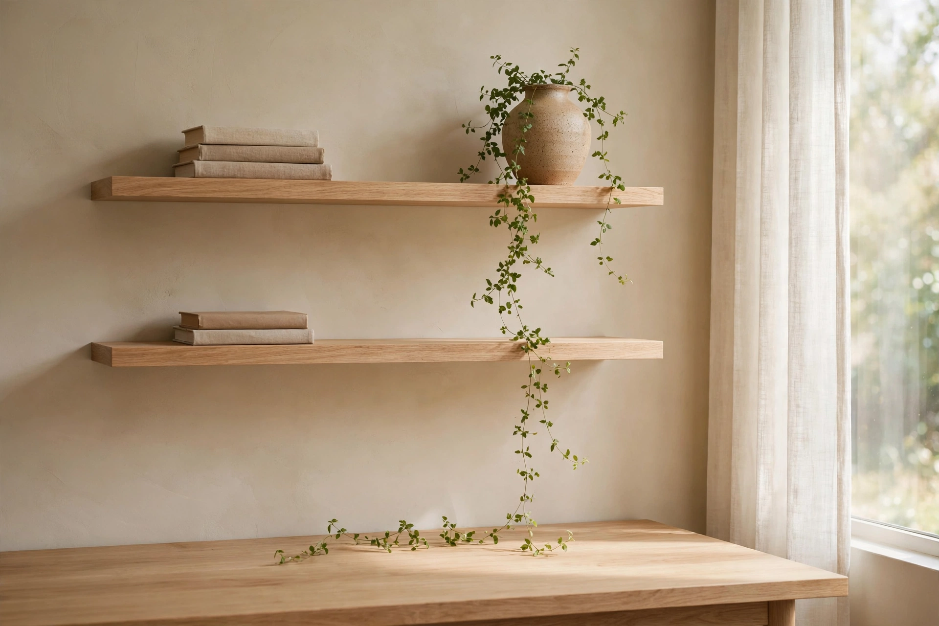 Floating light-oak shelves styled with restraint above a Japandi home office desk