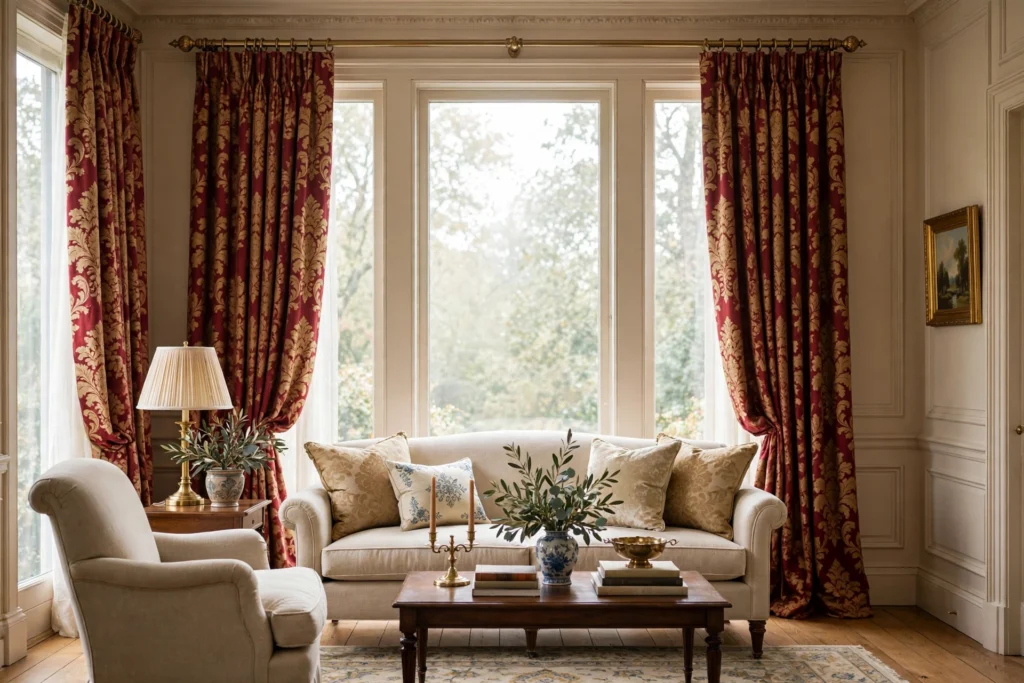 Traditional living room design ideas with elegant floor-to-ceiling drapes framing tall windows