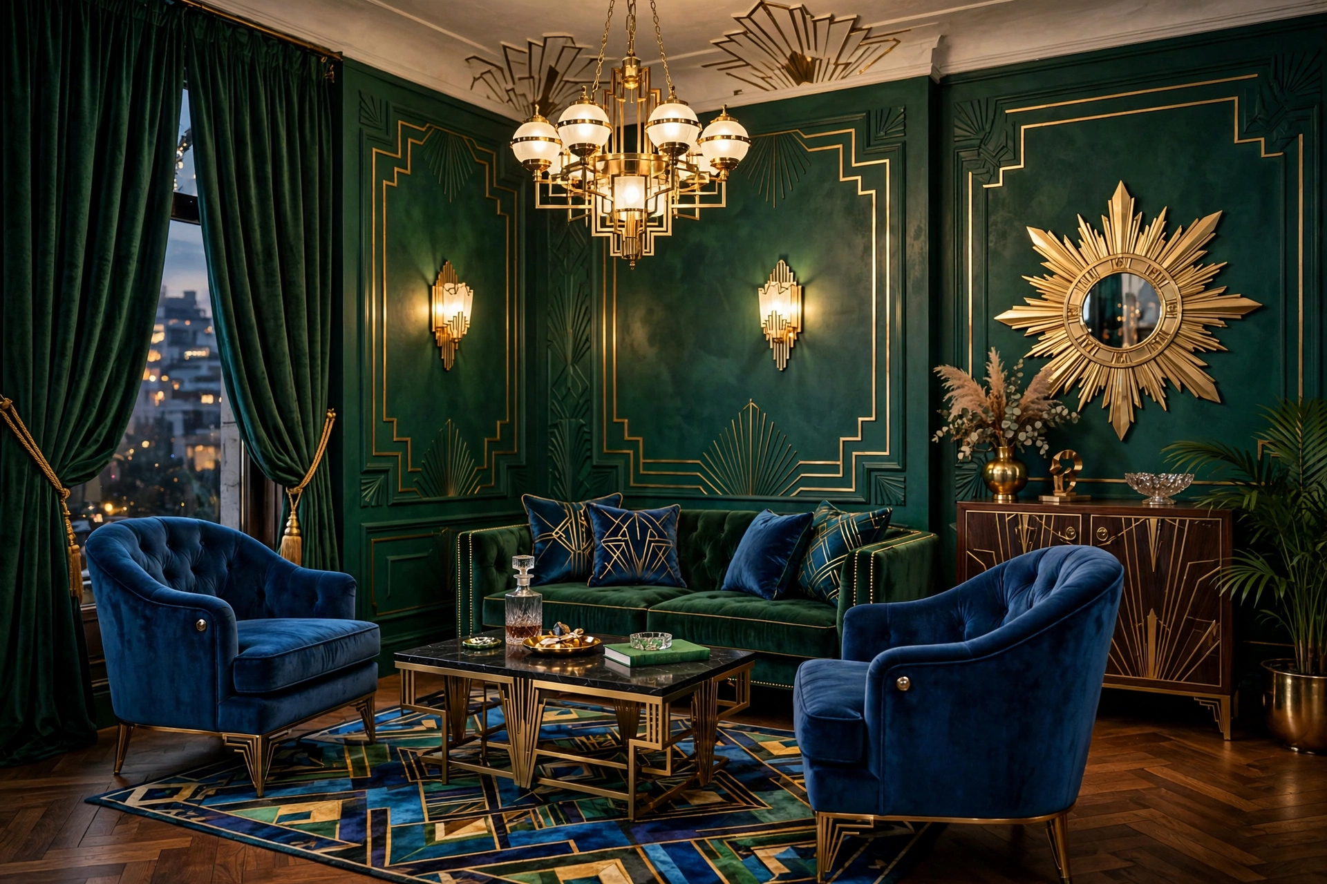 Art deco living room design ideas with deep emerald green walls and gold metallic accents