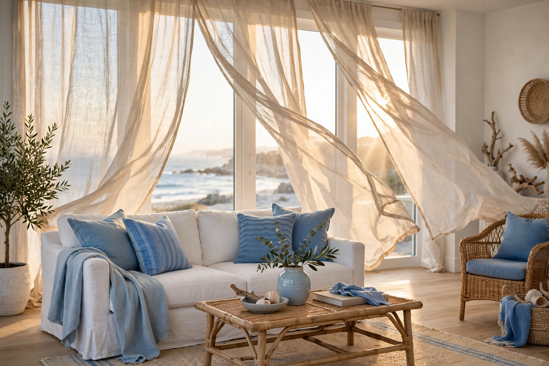 Coastal living room design ideas with sheer linen curtains filtering soft sunlight