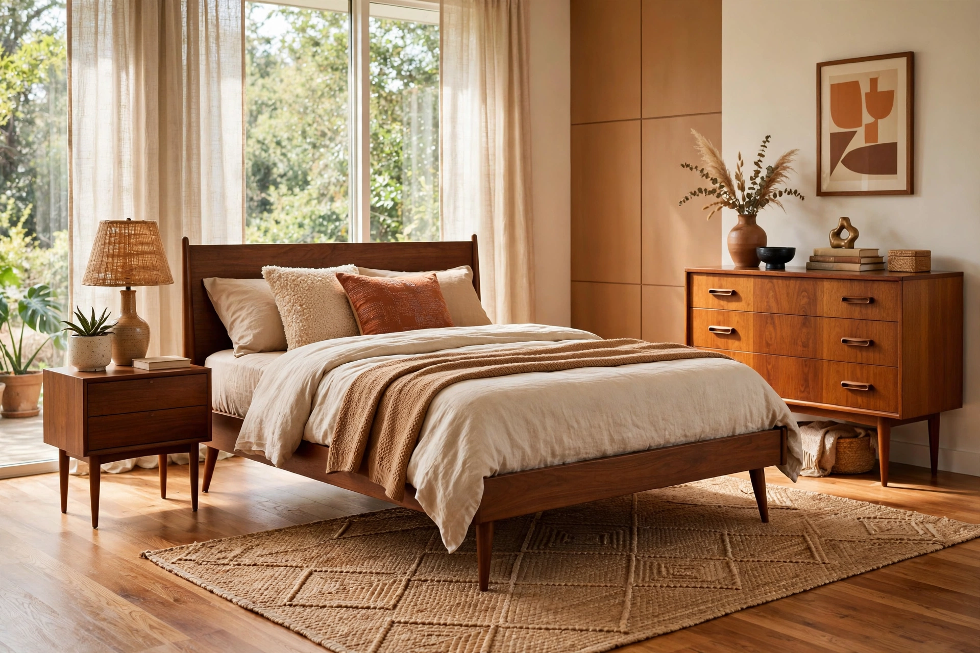 Mid-century modern bedroom layering walnut bed, teak dresser and warm oak floors